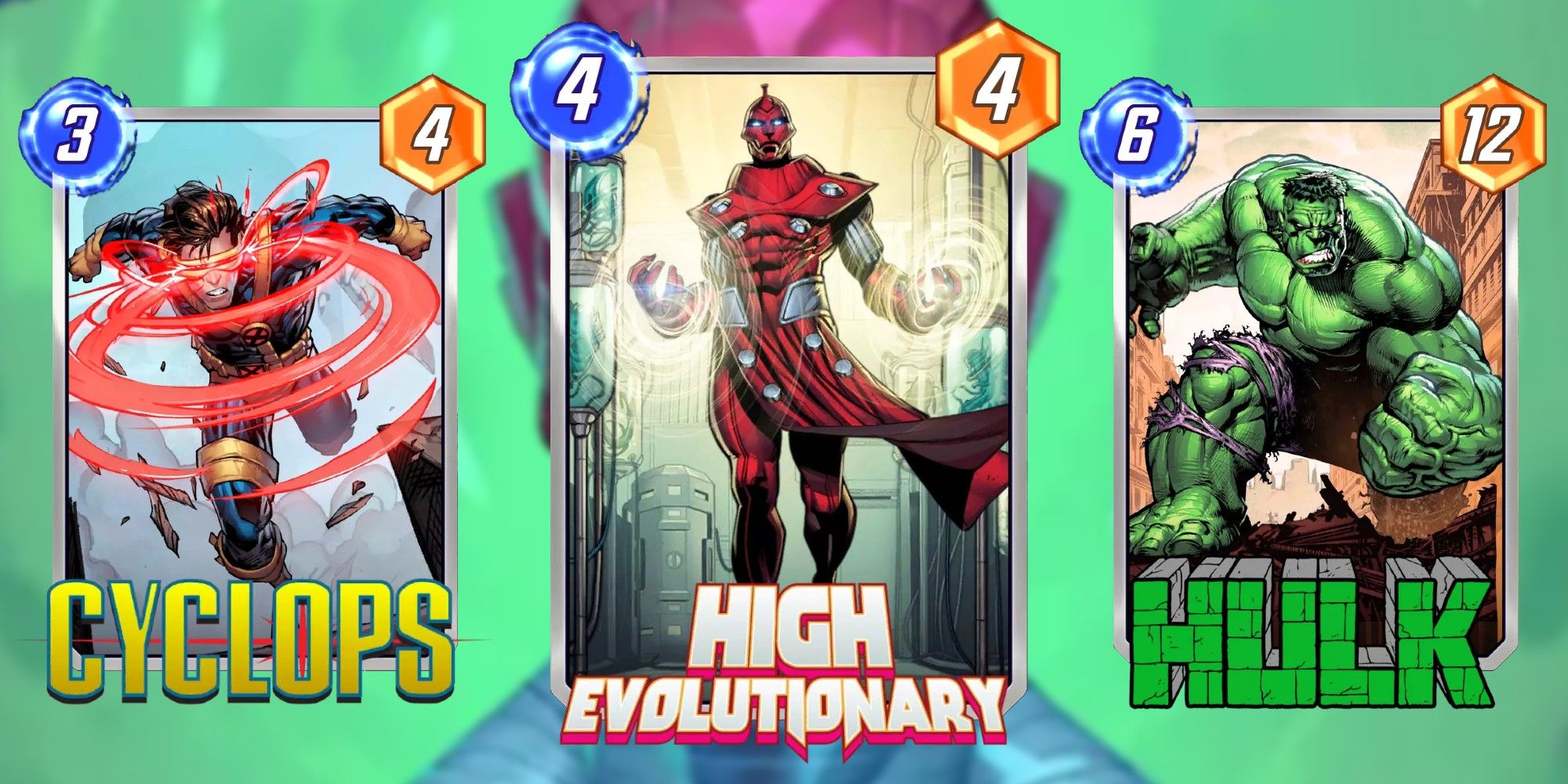 Marvel Snap Cards Cyclops, High Evolutionary und Hulk