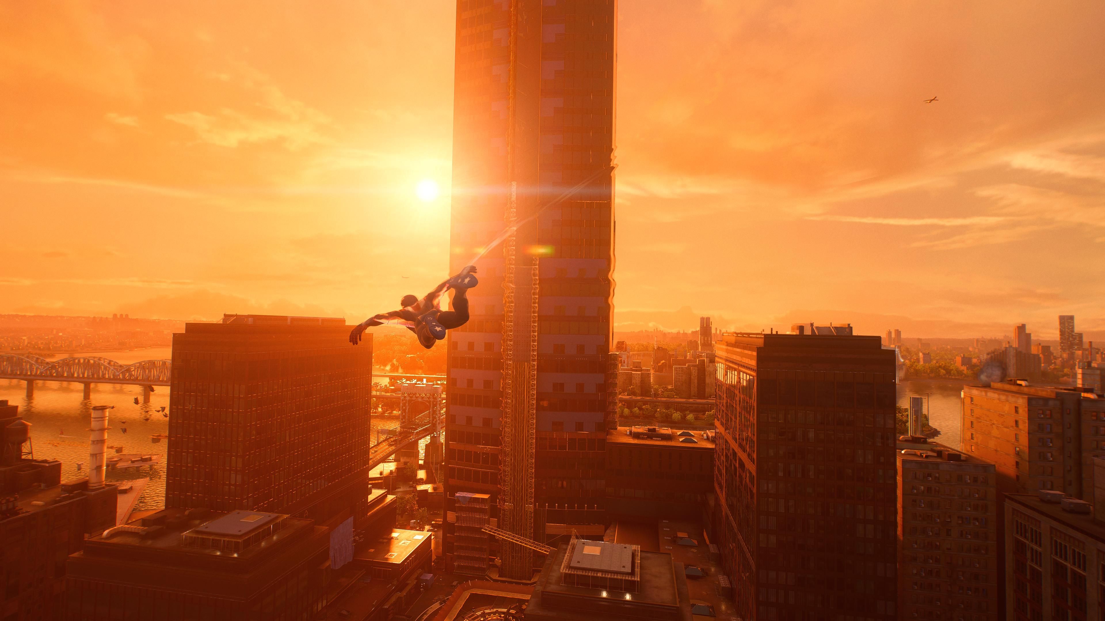 Spider-Man Peter Parker Soaring Over New York at Sunset