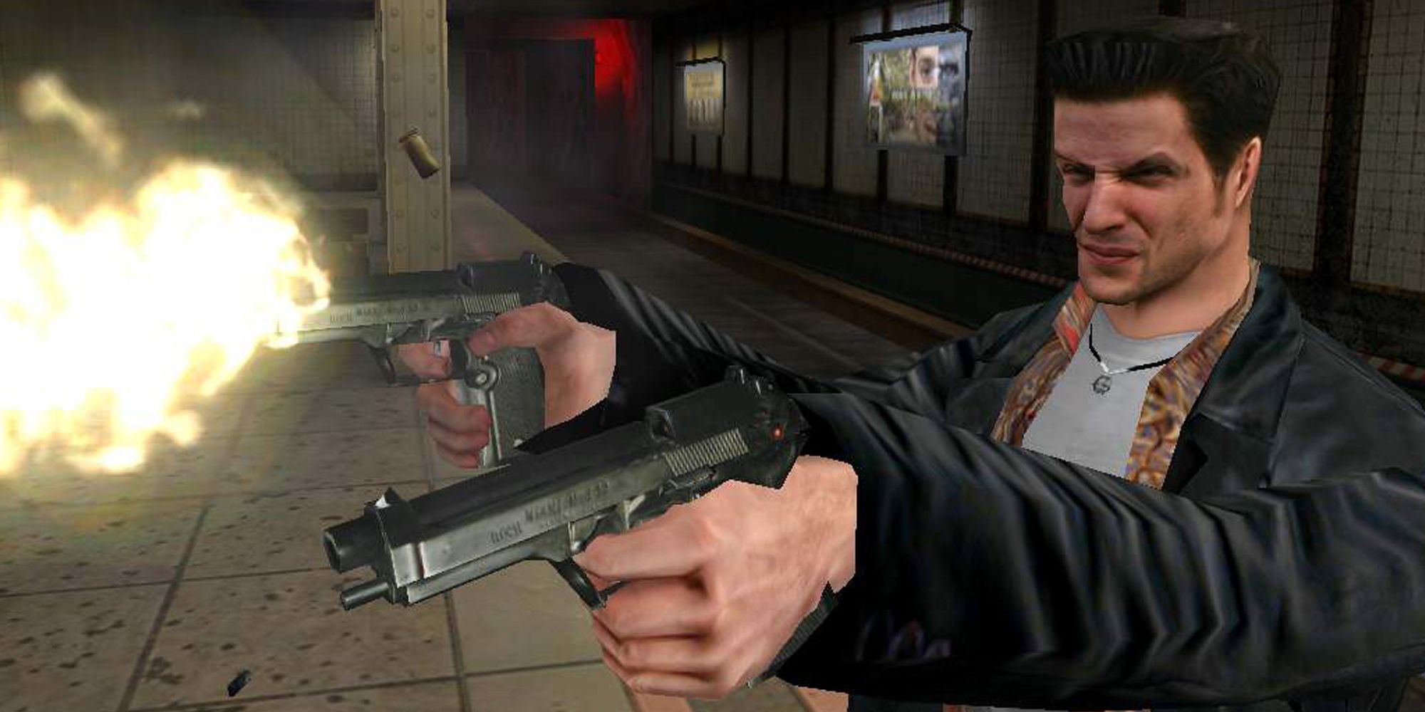 Max Payne in a subway firing two pistols while grinning