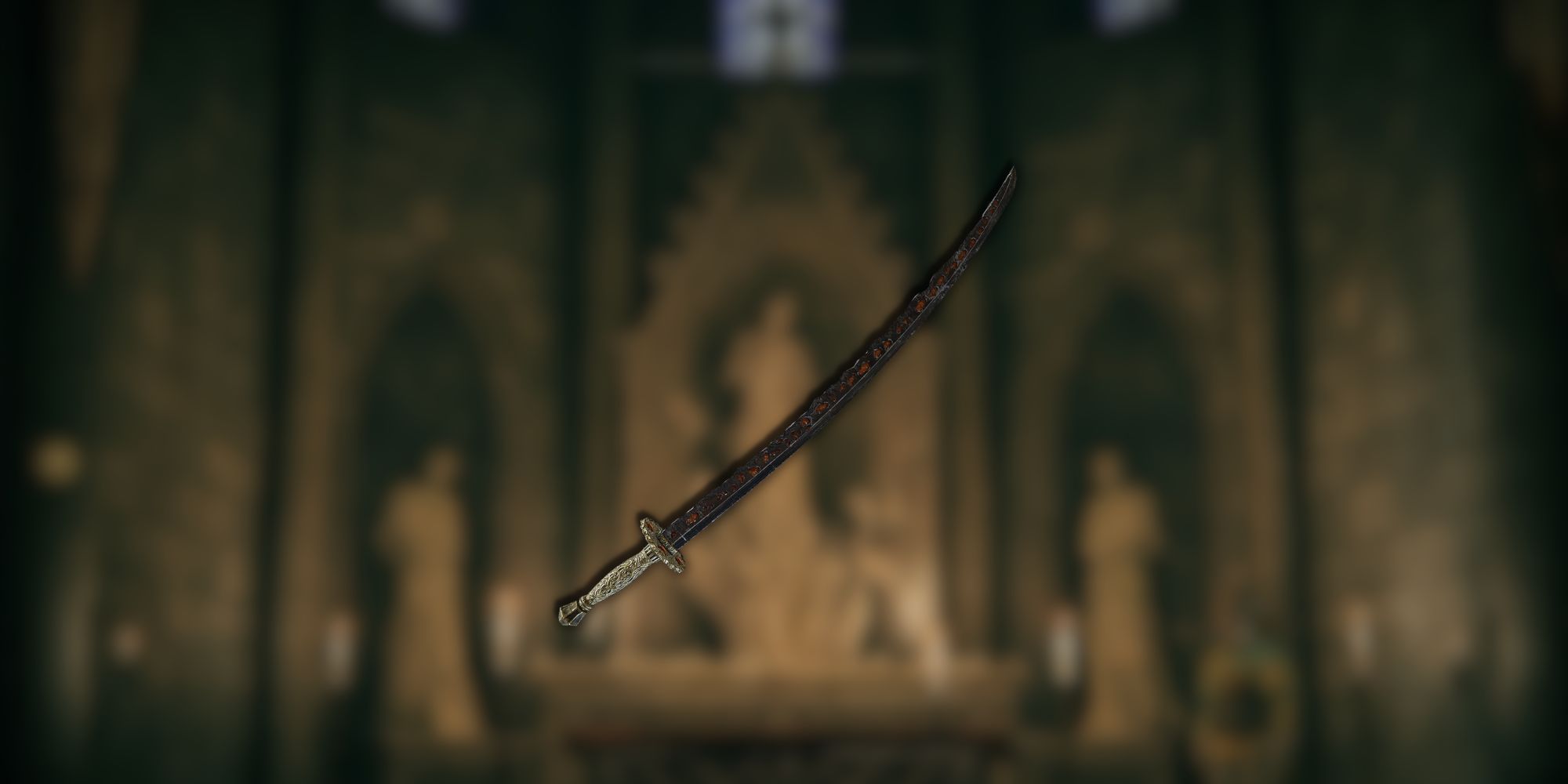 A katana with a gold handle and mostly black blade with red spots overlayed over a blurred background.