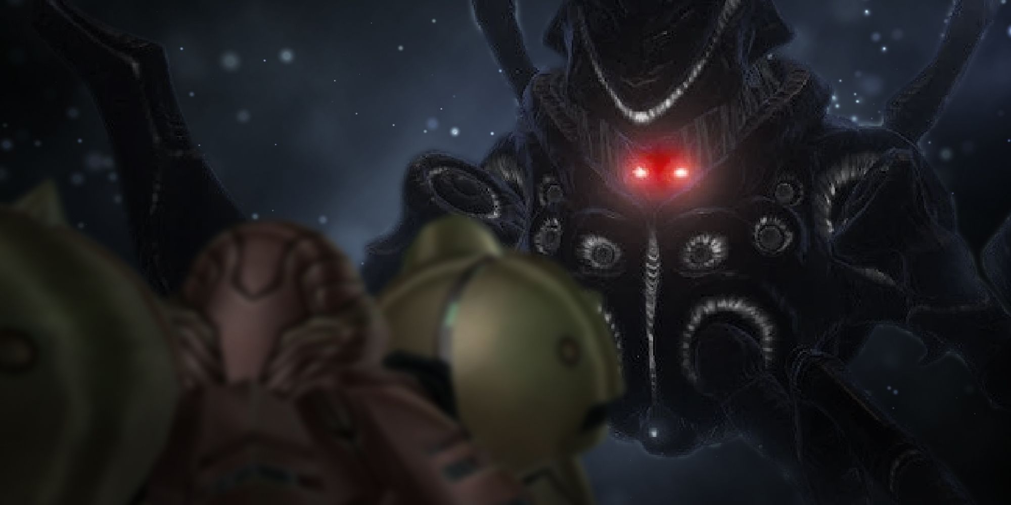 Samus facing off against the Metroid Prime with glowing red eyes