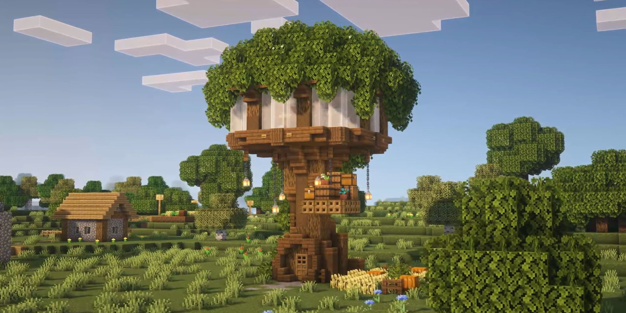 An image from Minecraft of a treehouse with a glass roof for observation. 