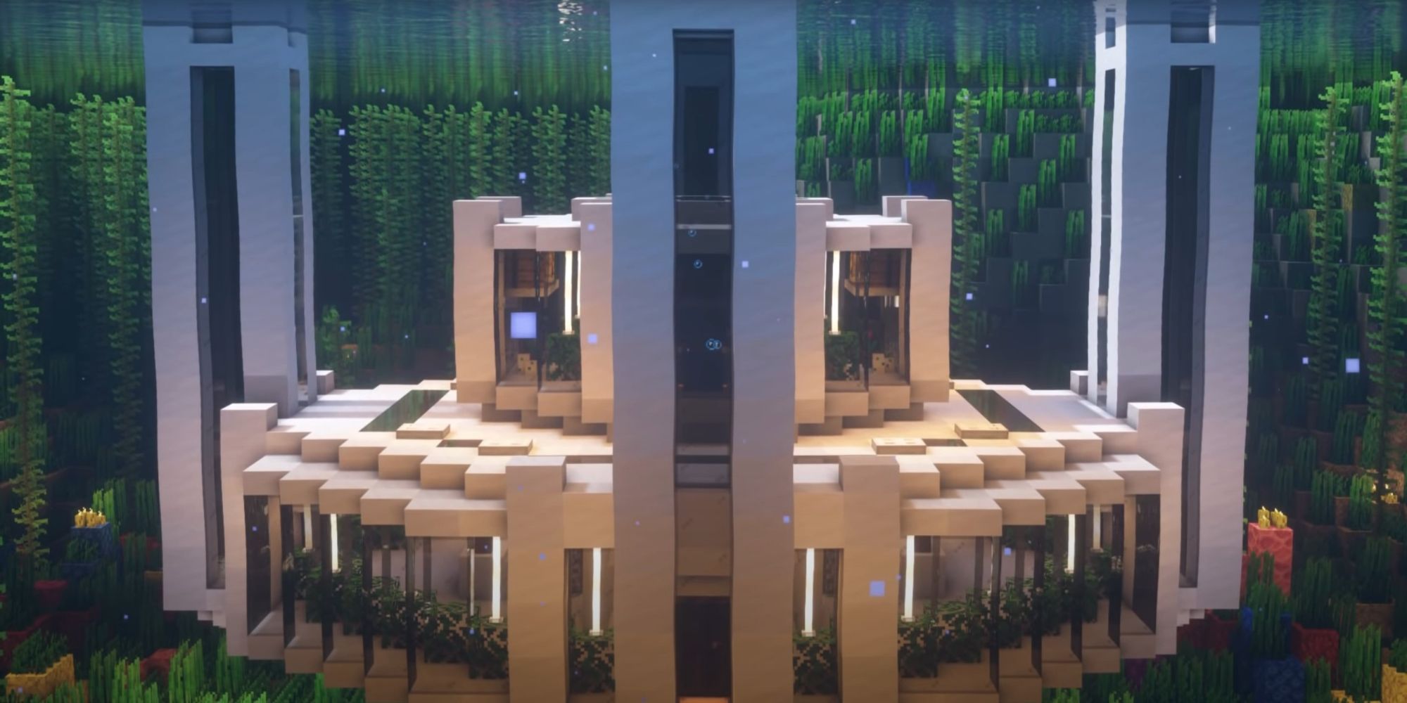 An image from Minecraft of a modern home built underwater using quartz blocks.