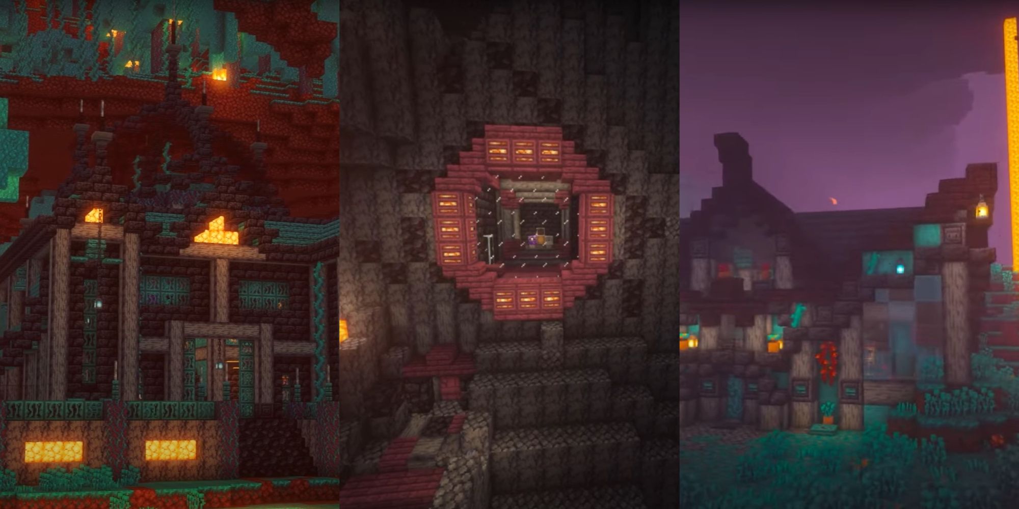A split image from Minecraft of three different builds in the Nether, each inspired by a different online tutorial. 