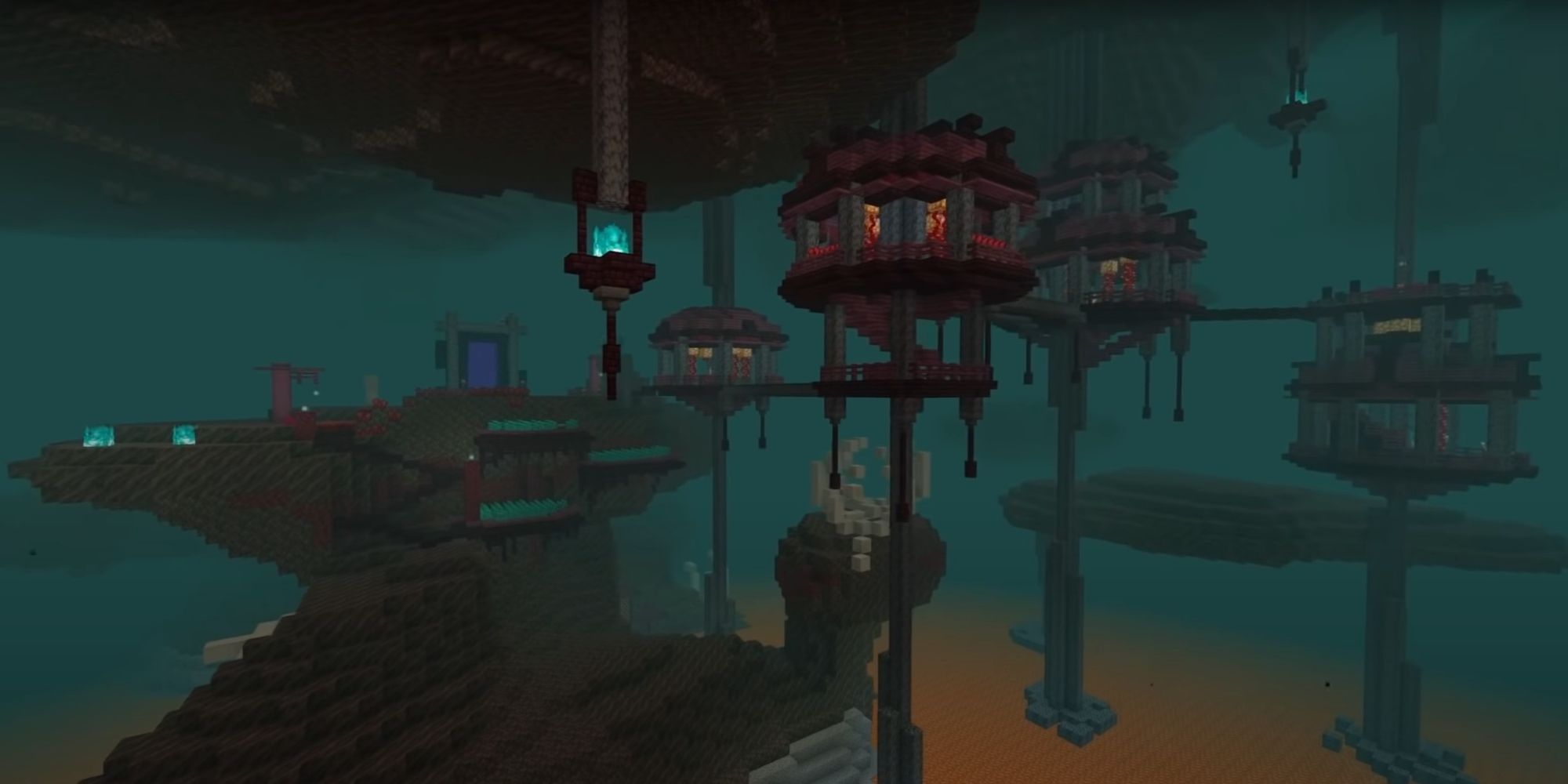 An image from Minecraft of a Nether build which turns thin basalt spires into hanging towers where you can live. 