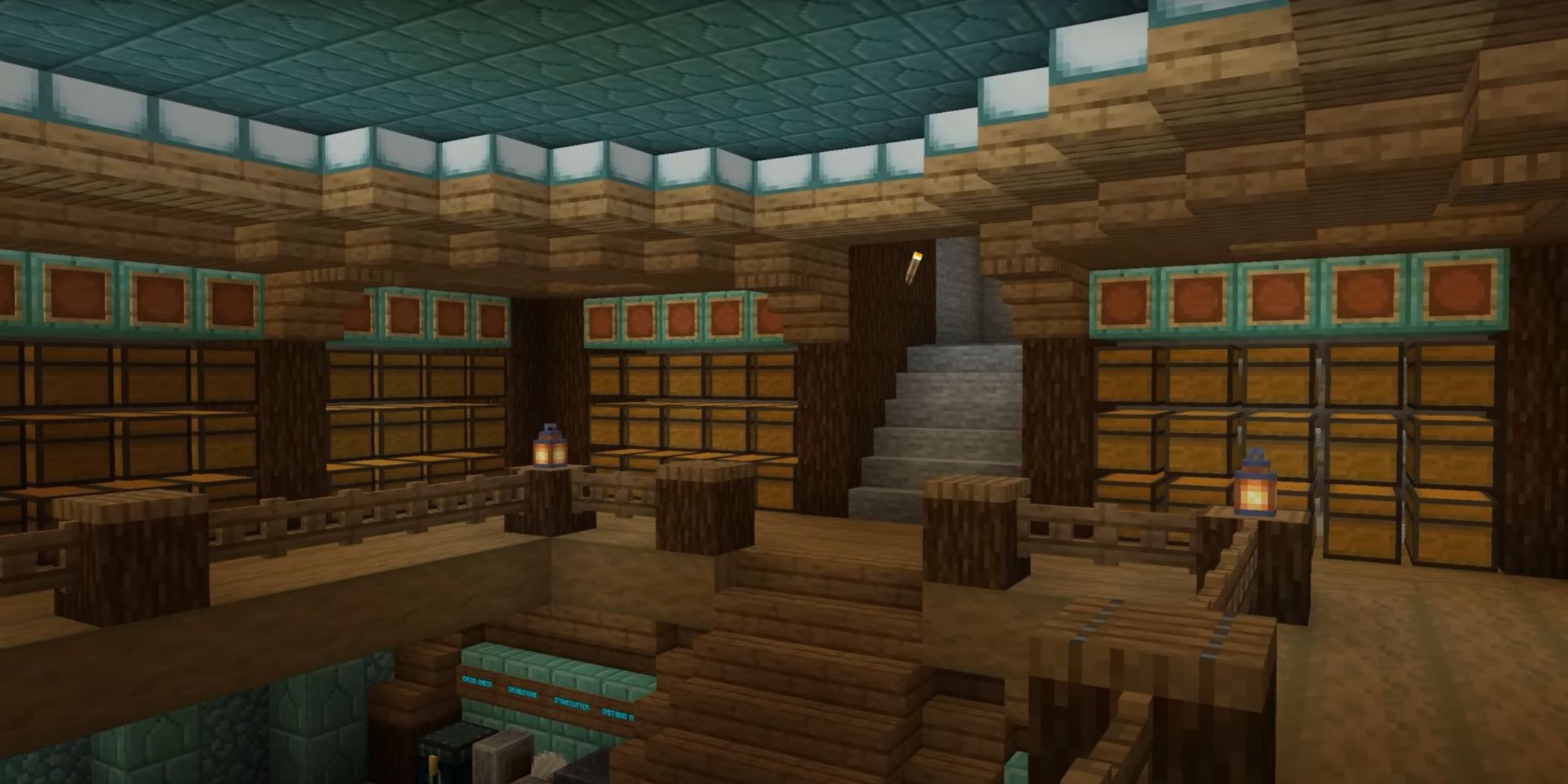An imagef from Minecraft of an underwater base that is made completely underneath the floor of the ocean, so it resembles a regular underground home.