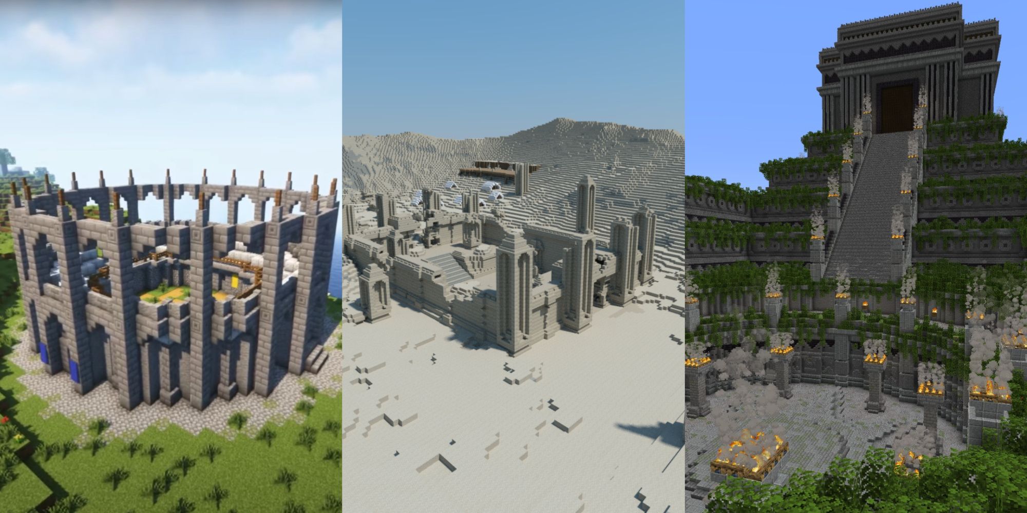 A split image that contains photos of Minecraft. This image showcases three different Arenas built in different environments. 
