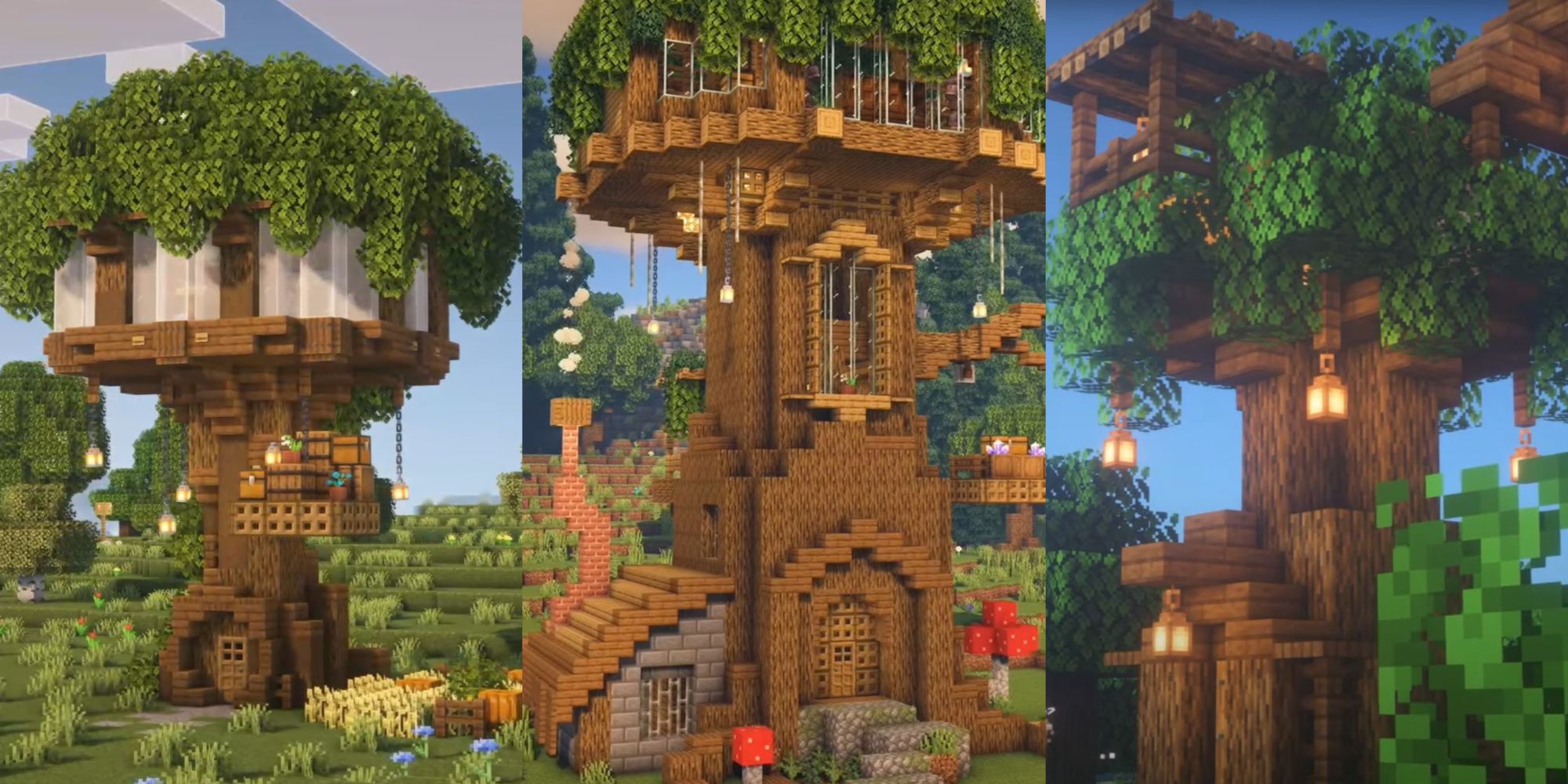 A split image from Minecraft featuring three different Treehouse Build Ideas from popular content creators. 
