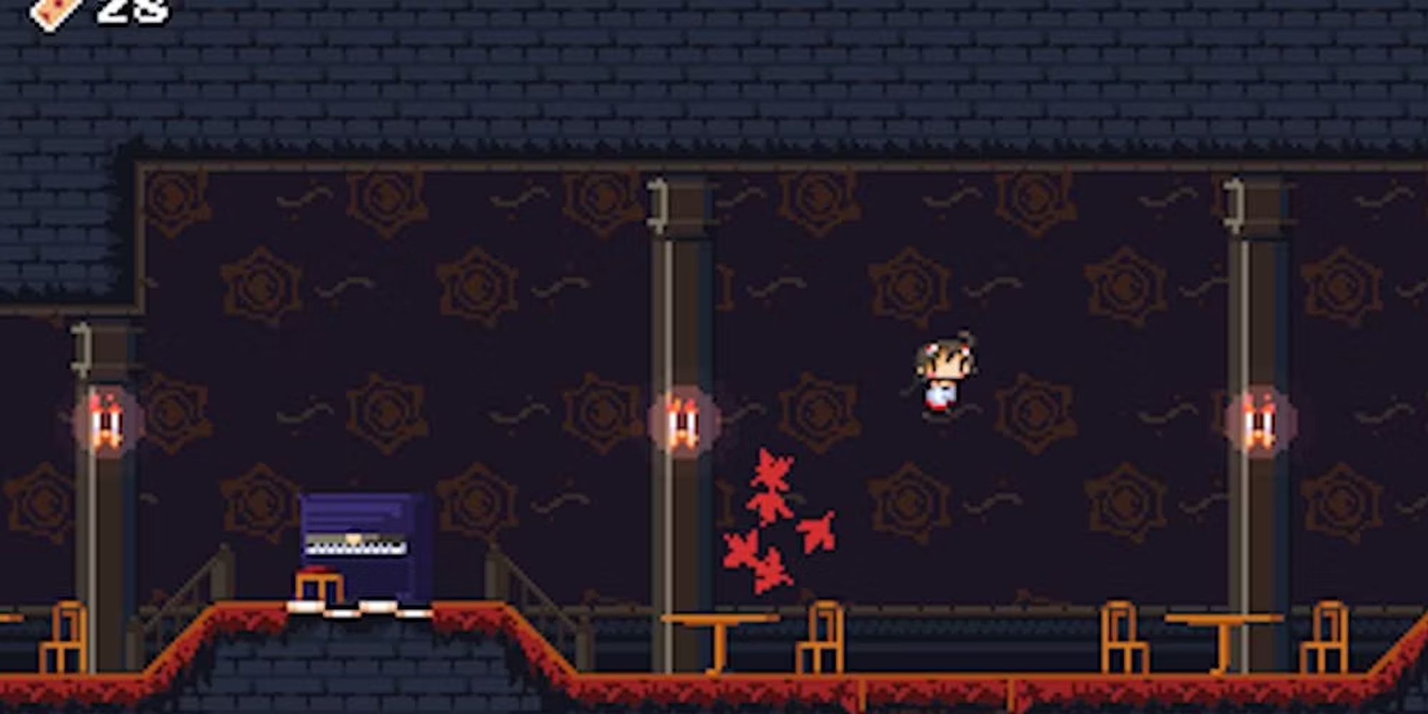 Momodora 1 and 2 Chmaber With A Piano, Tables, Chairs, And Leaves