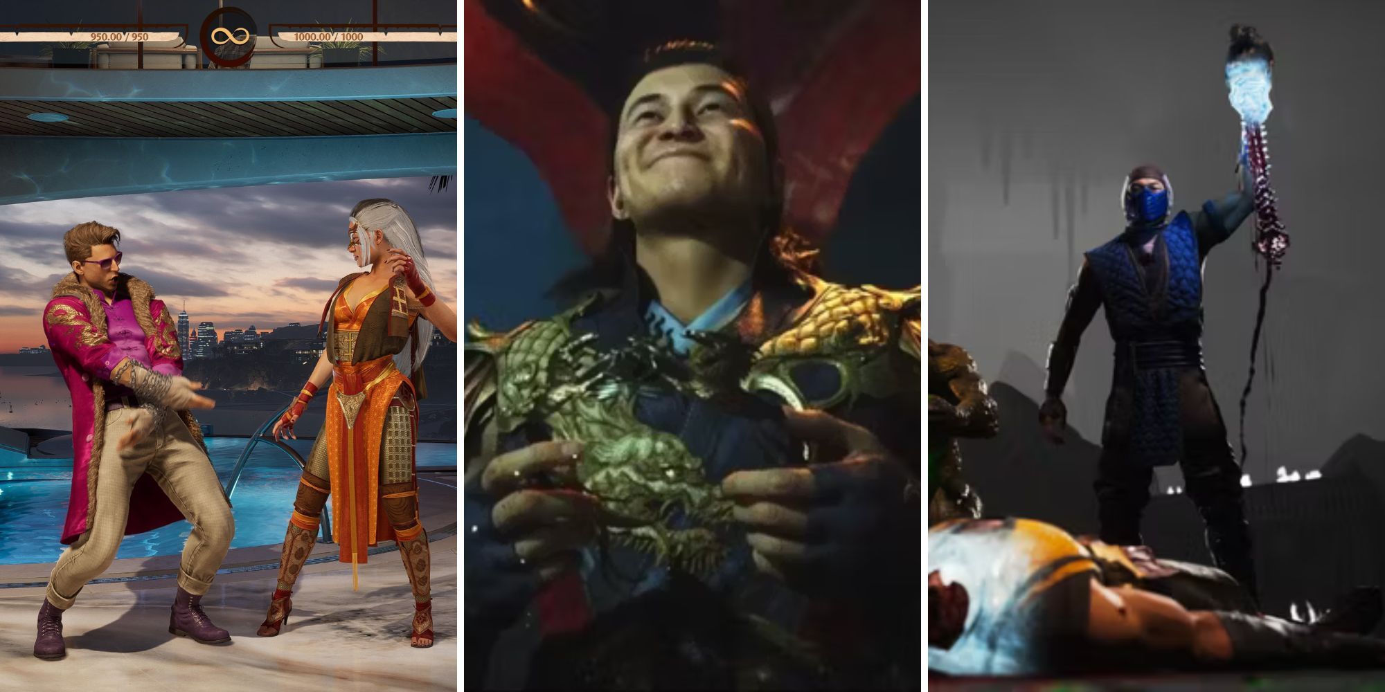 Mortal Kombat 1 Johnny Cage taunts Sindel, Shang Tsung holds a crown, Sub-Zero holds a spine in his hand
