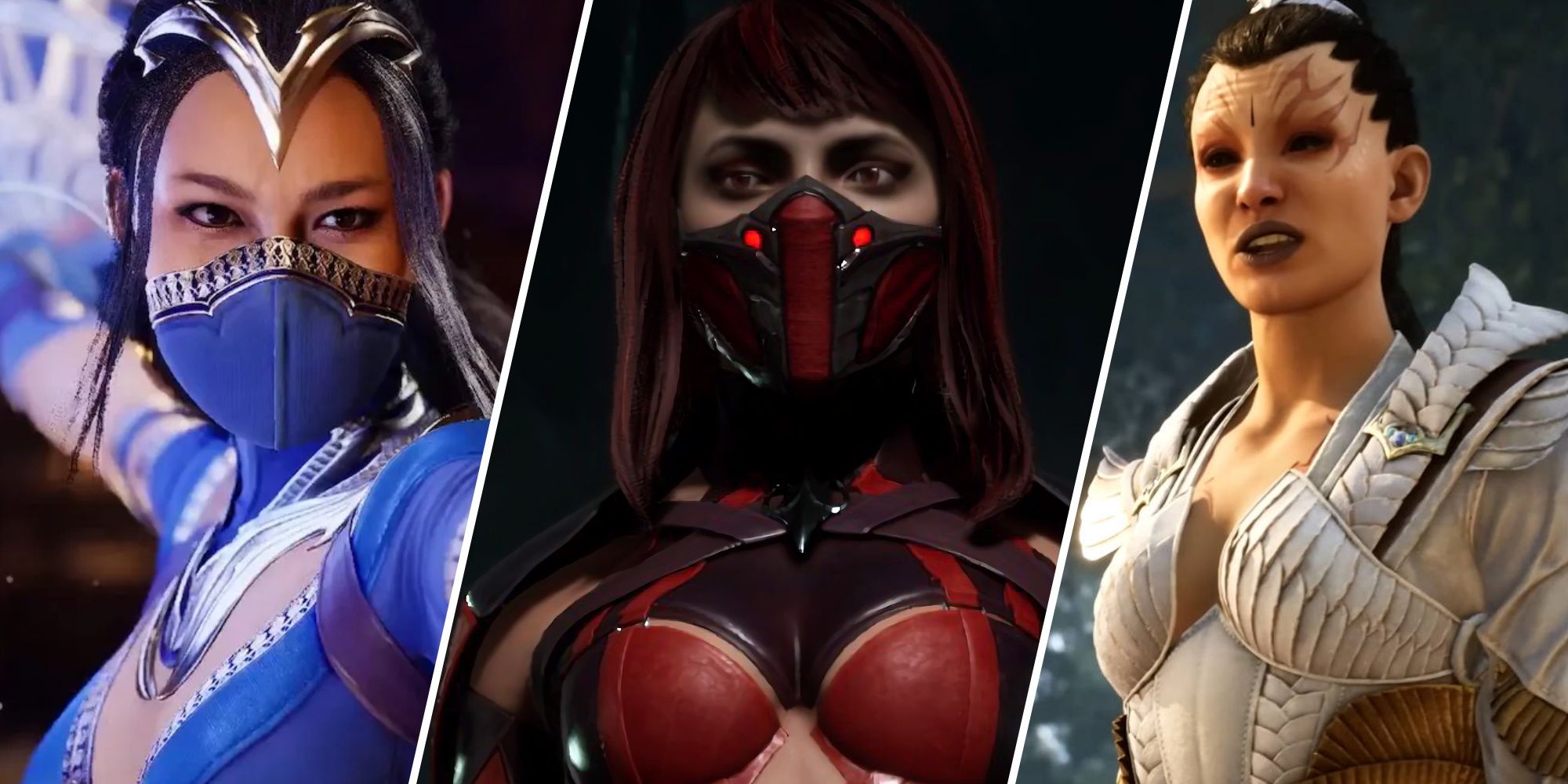Mortal Kombat, Split image featuring a close up shot of Kitana, Skarlet, and Ashrah