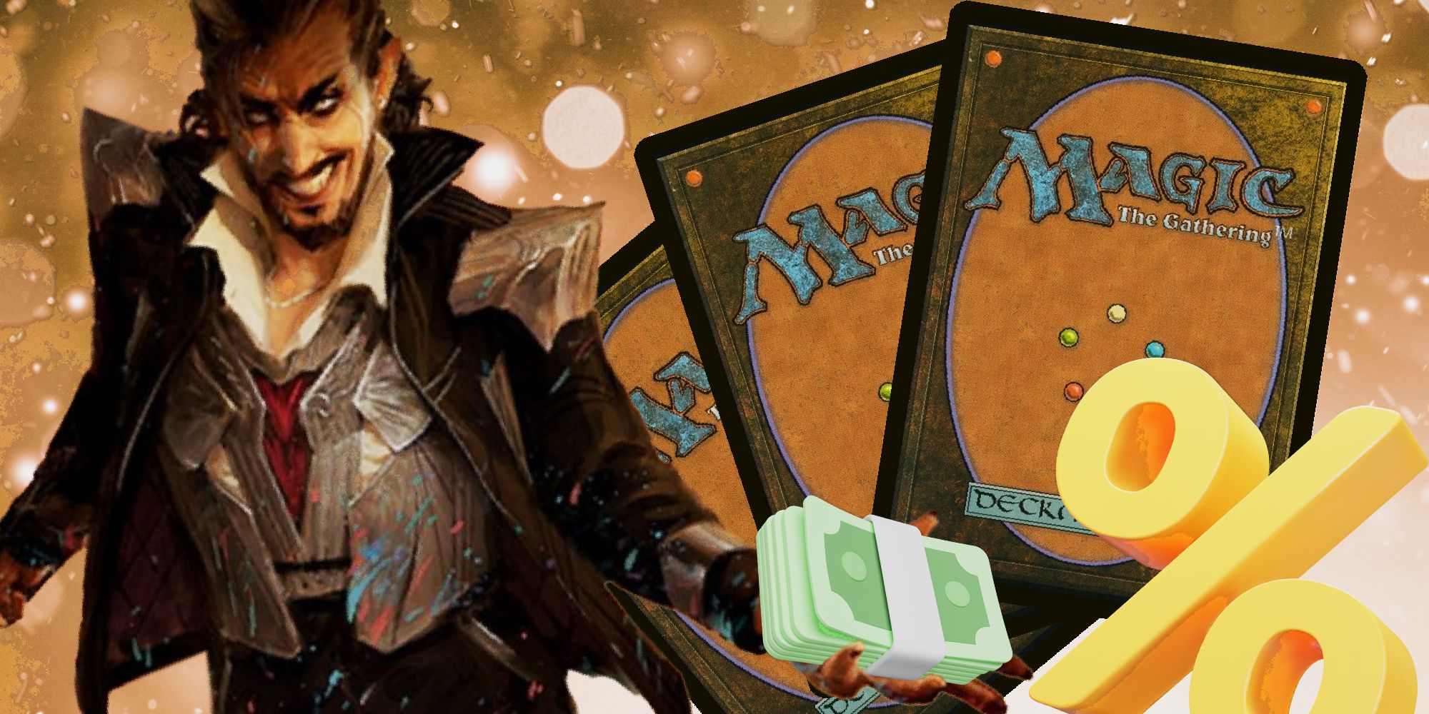 Magic The Gathering Amazon Deal Days with Magic cards and a Magic character holding money