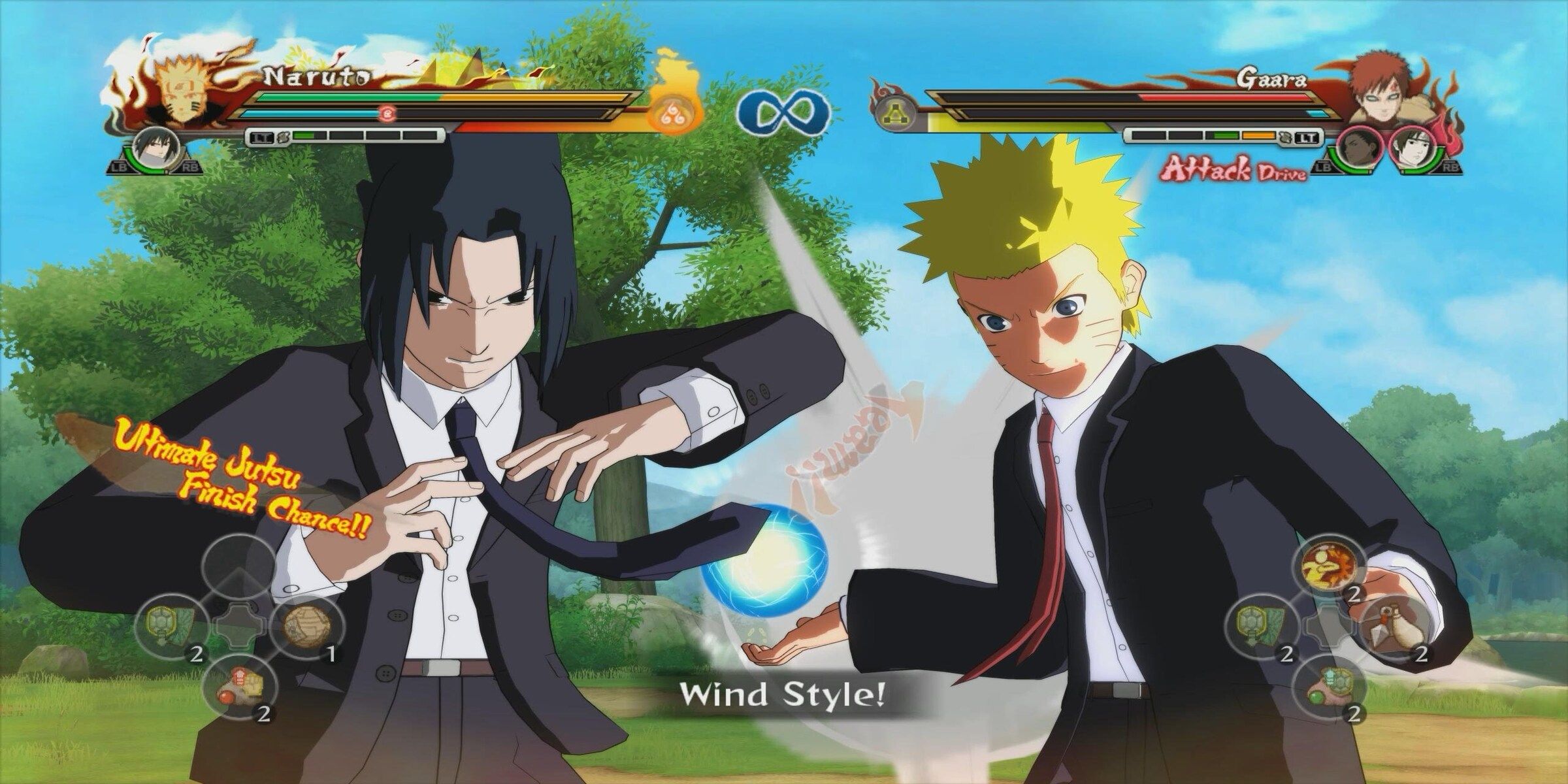 Sasuke and Naruto wearing suits and preparing a duo attack.