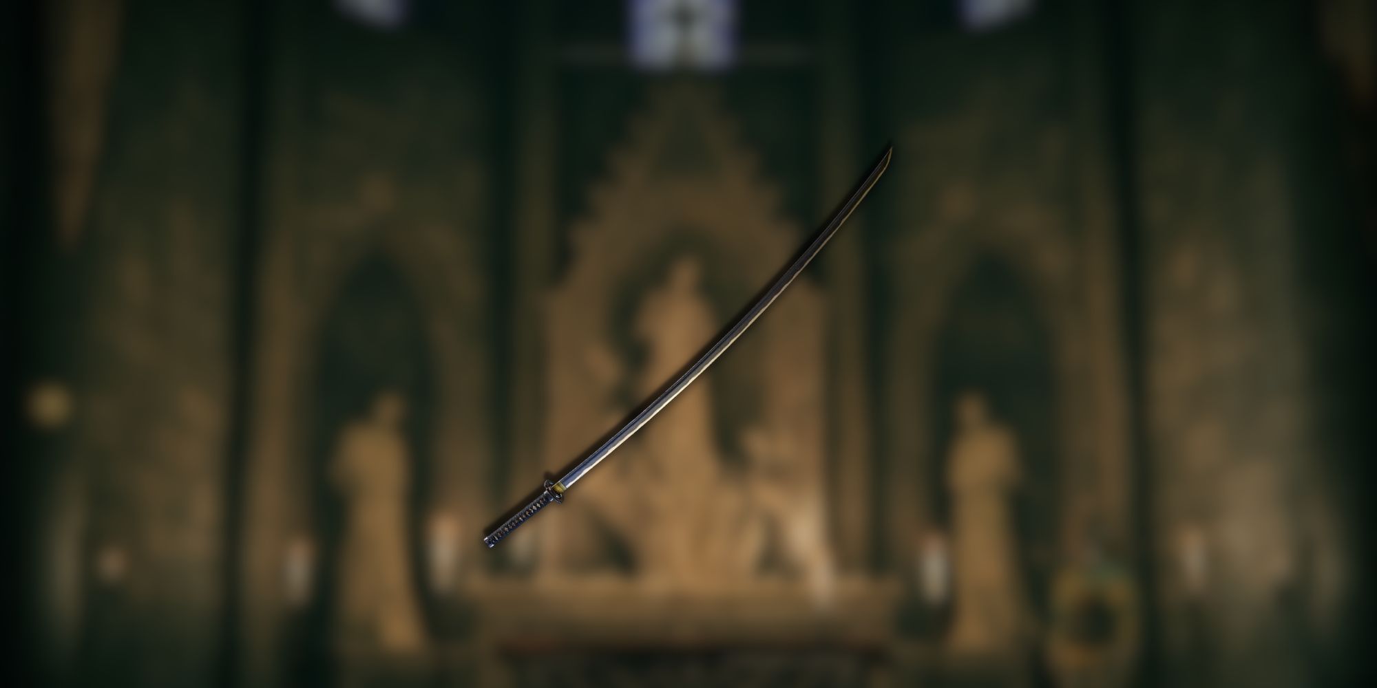 An exceptionally long, steel katana overlayed over a blurred background.