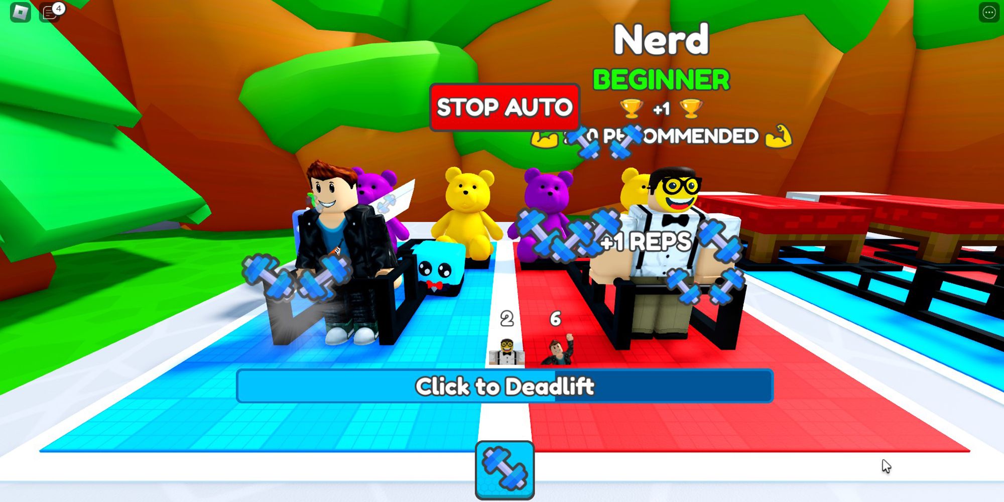 A Roblox character outlifts a nerd in a contest of strength in Deadlift Simulator.