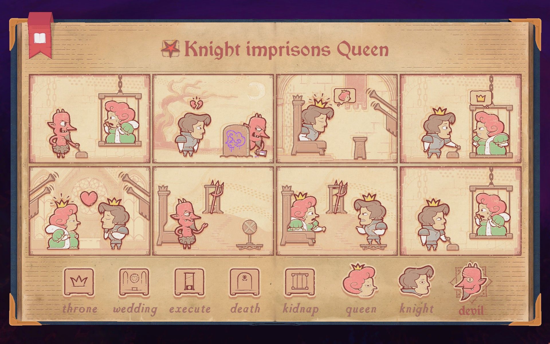 The solution to the devil section of Novels in Storyteller, showing the Knight imprison the Queen.