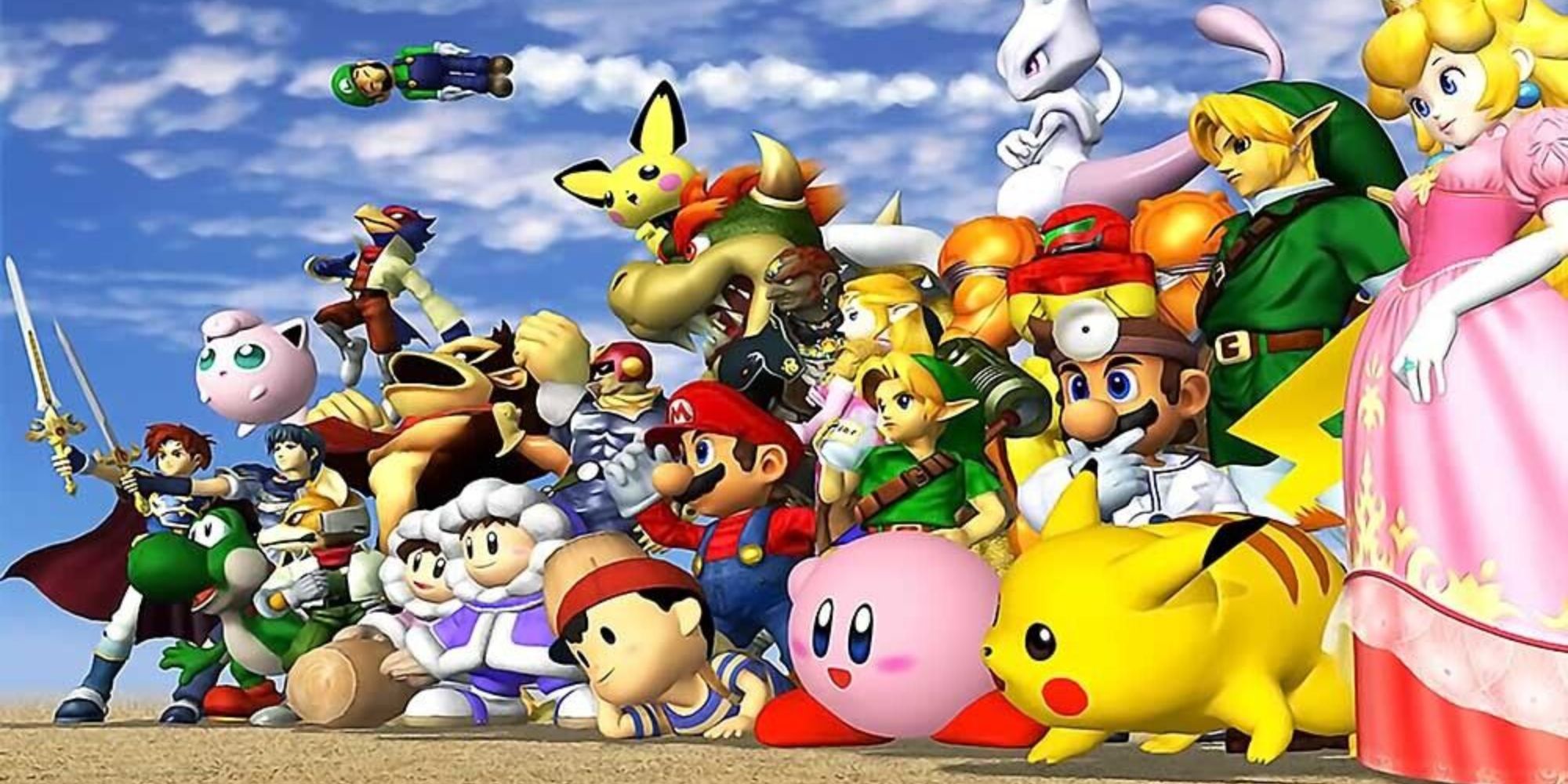 Over two dozen Nintendo characters including Mario, Link, Kirby, Pikachu, and more all stood in a line