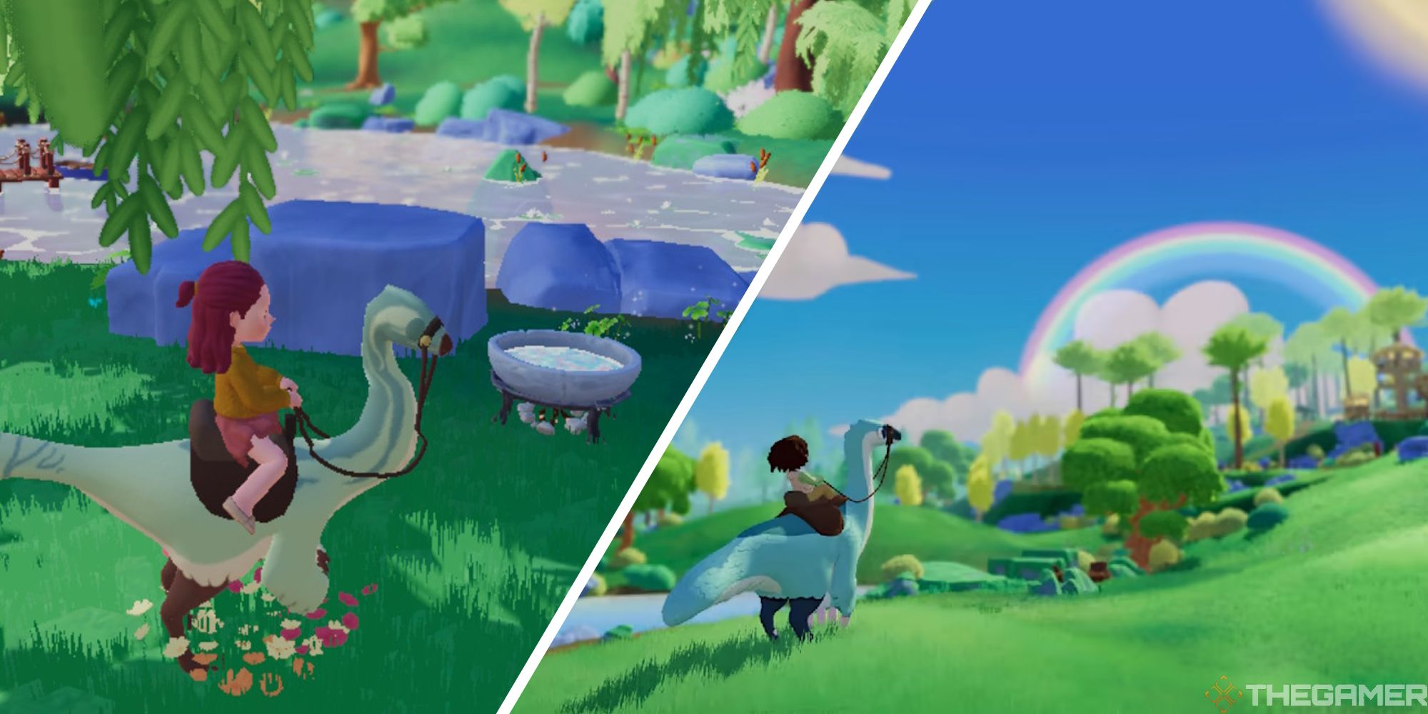 split image showing player at cooking pot next to image of paleo pines promotional art with player looking at rainbow
