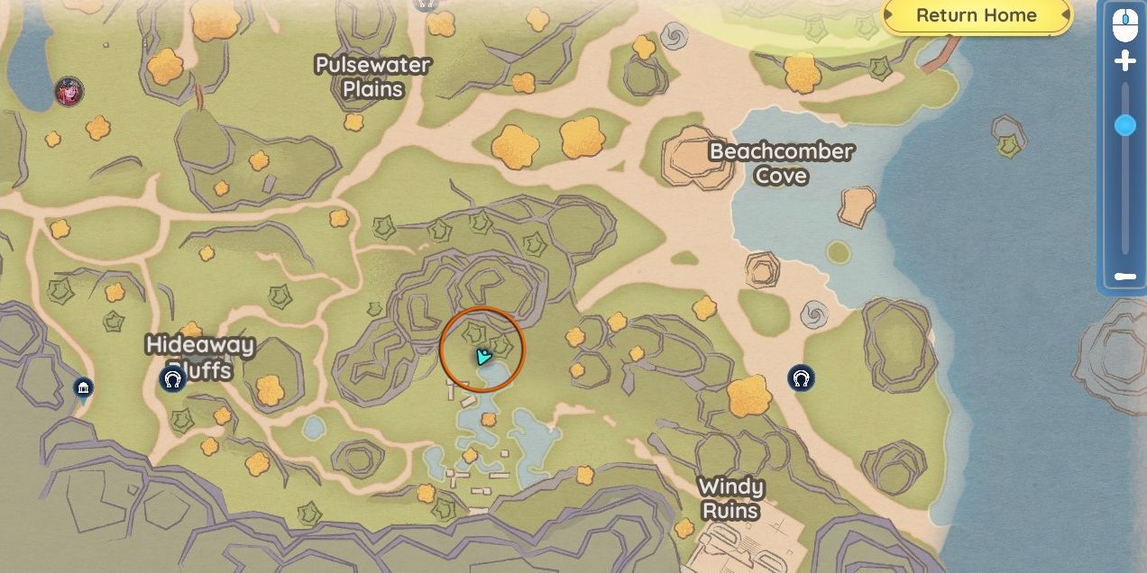 Palia map showing a location circled in orange where two geysers are located near each other. The location is about halfway between Hideaway Bluffs and Windy Ruins shown on the map.