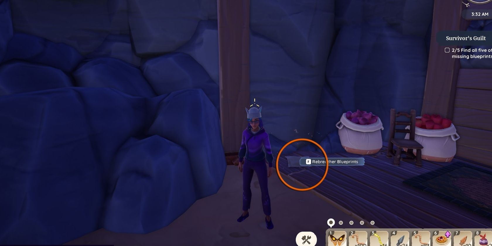 Palia blueprint location in underground geyser next to avatar. Blueprints are circled in orange and next to a chair with storage sacks full of produce.