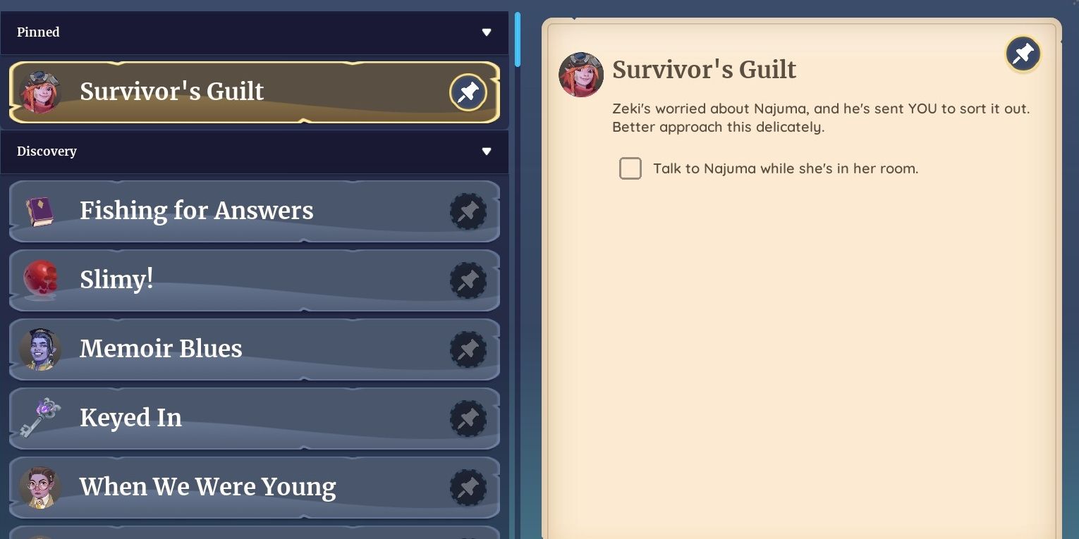 Palia quest log showing the Survivor's Guilt quest objective to talk to Najuma in her room.