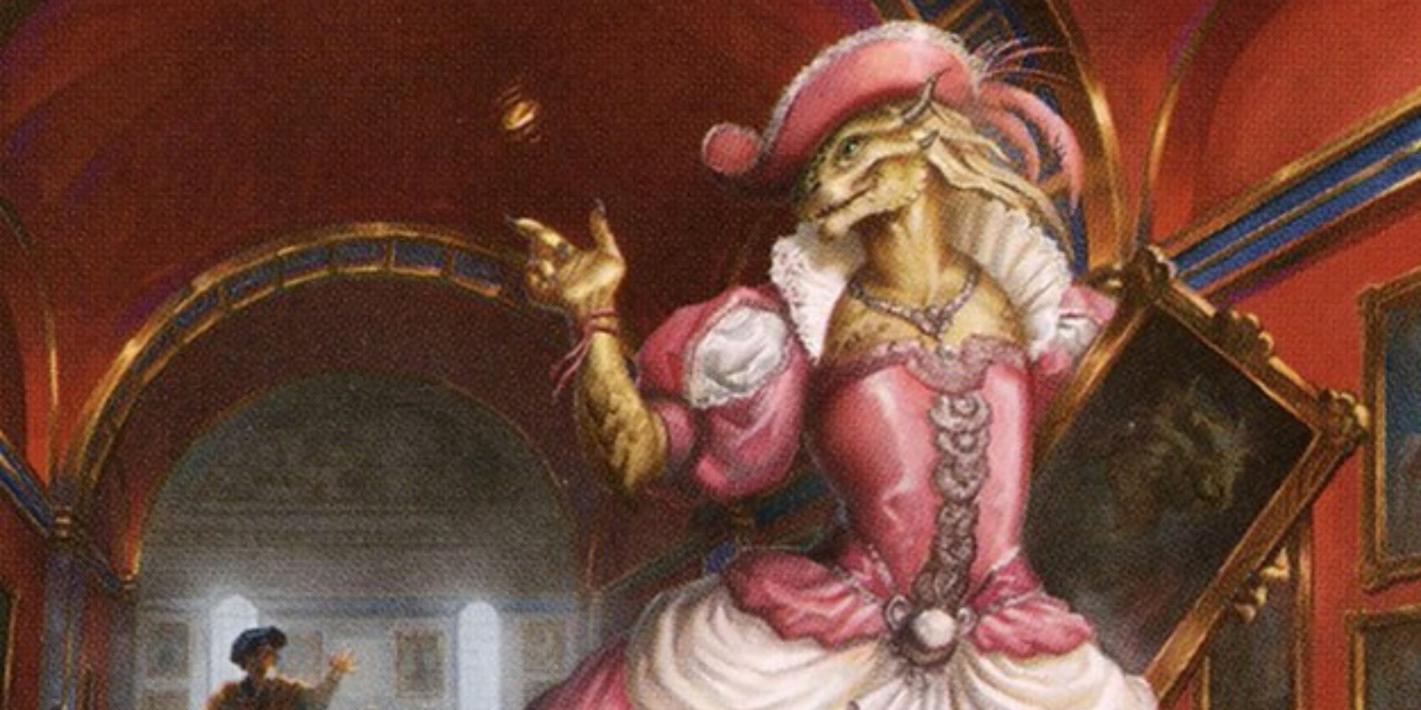 Ein Drachengeborener in einem rosa Kleid geht selbstbewusst mit einem Gemälde davon, während eine Gestalt im Hintergrund versucht, sie aufzuhalten.
