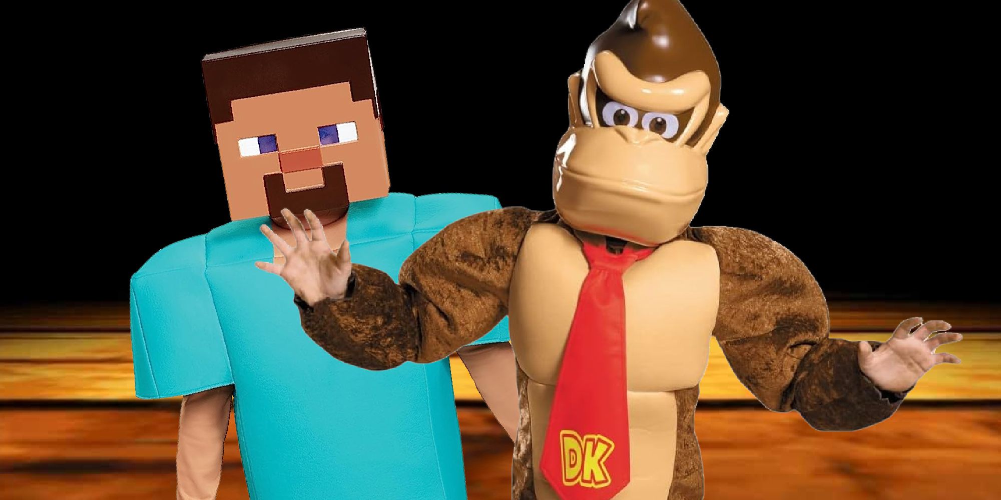 people wearing minecraft steve and donkey kong costumes