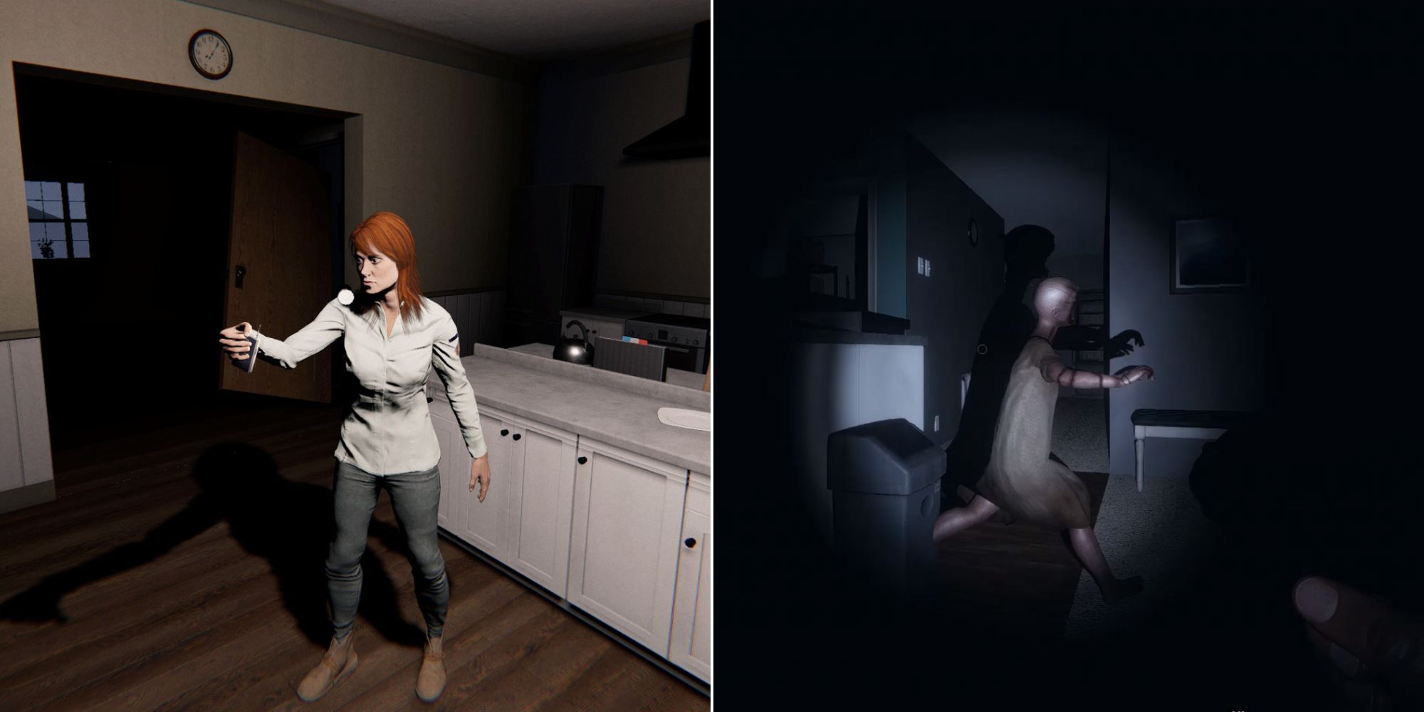 Phasmophobia split image of a player holding a spirit box and a hunting ghost