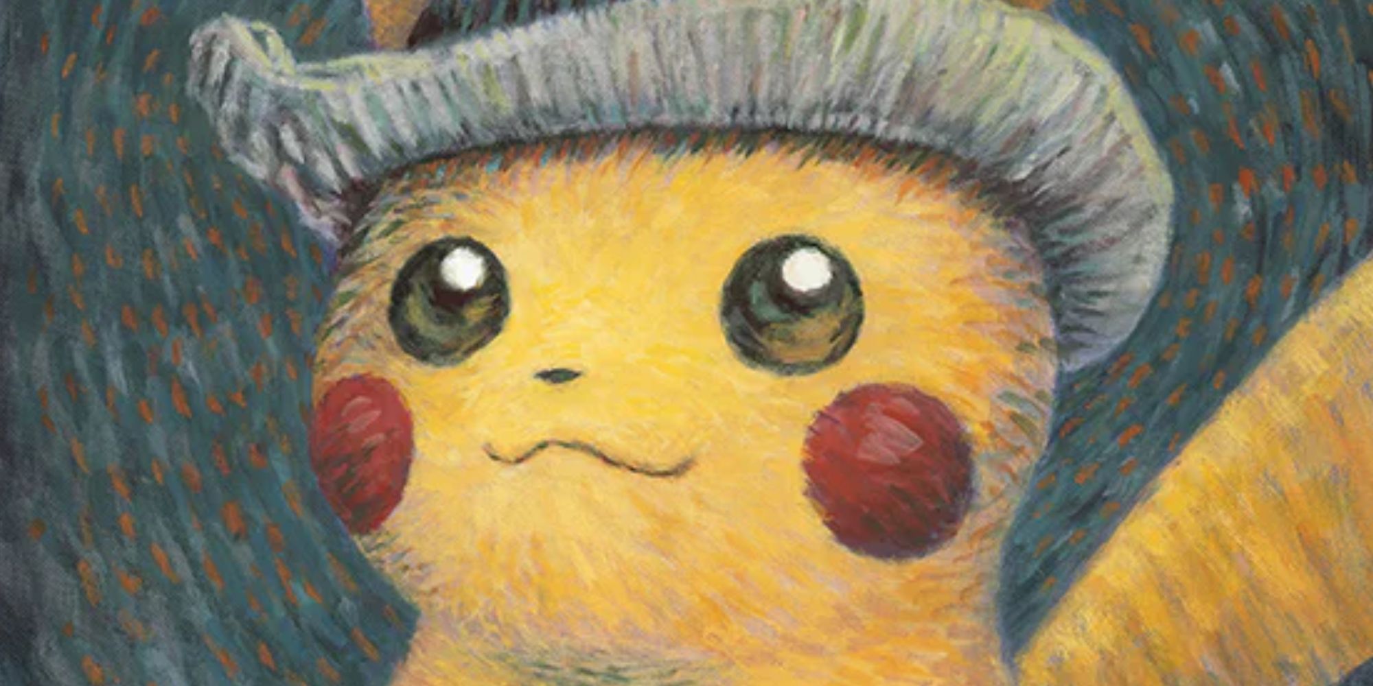 Kunst von Pikachu, dem elektrischen Maus-Pokémon, im Stil von Van Gogh.  Er trägt einen grauen Hut.