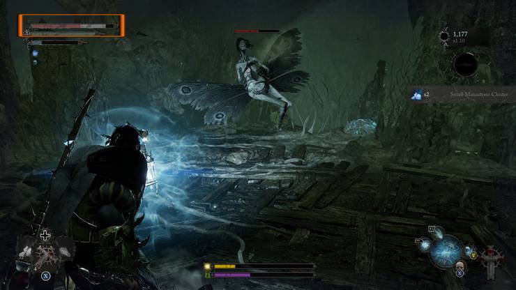 Player flashing Umbral Lamp on an enemy, and a box outlining the health bar with Withered Health Lords of the Fallen