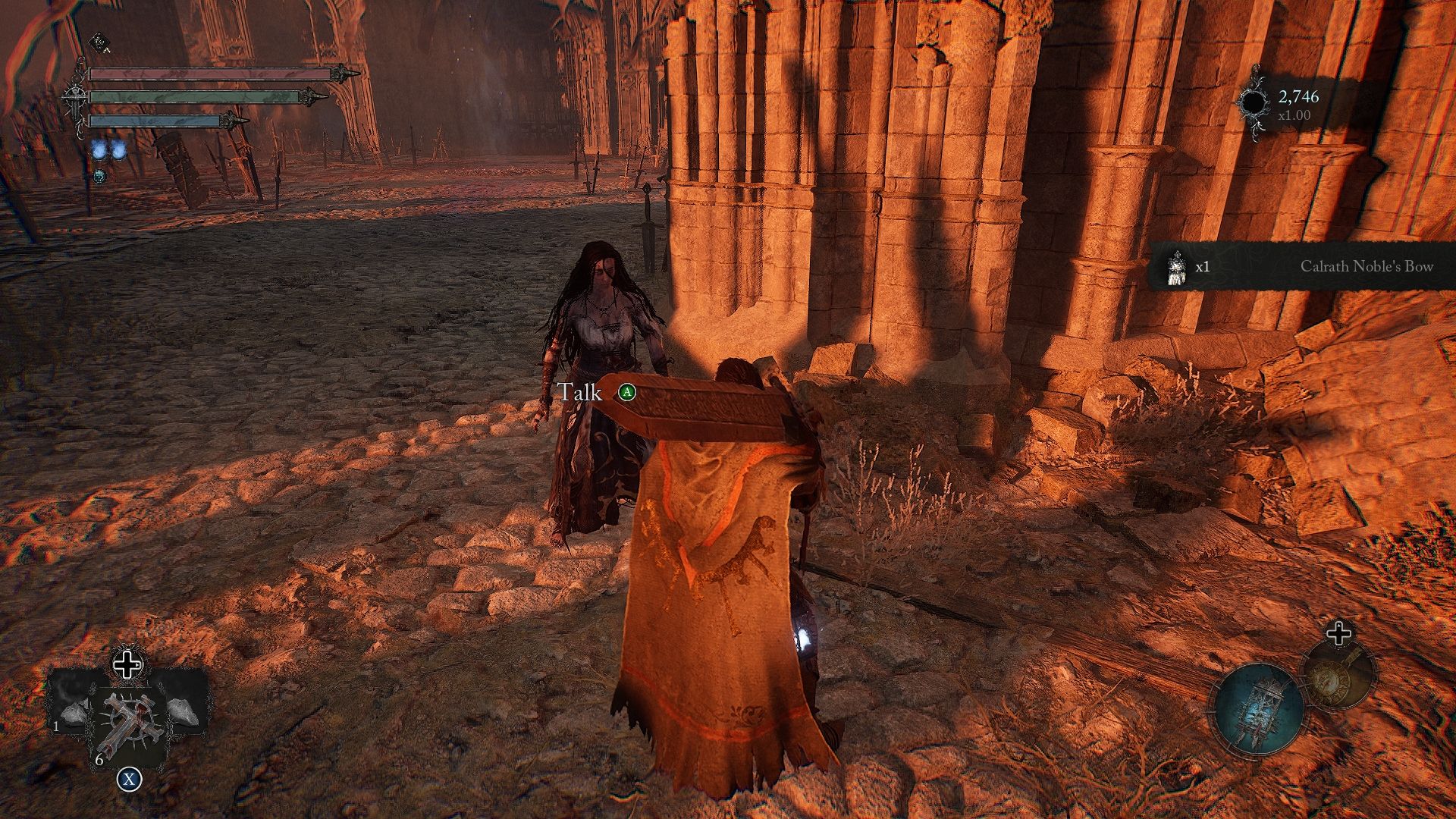 Spieler steht vor dem gefolterten Gefangenen am Eingang von Pieta-Boss Lords of the Fallen