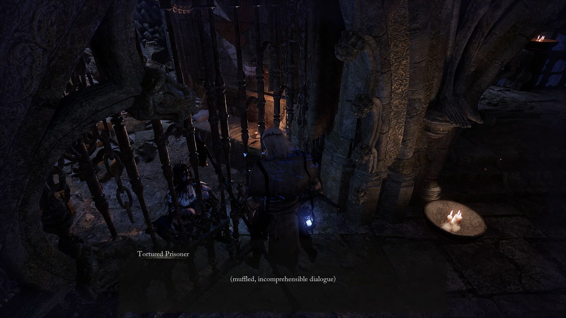 Player standing in front of the Tortured Prisoner while she is still in her cell locked Lords of the Fallen