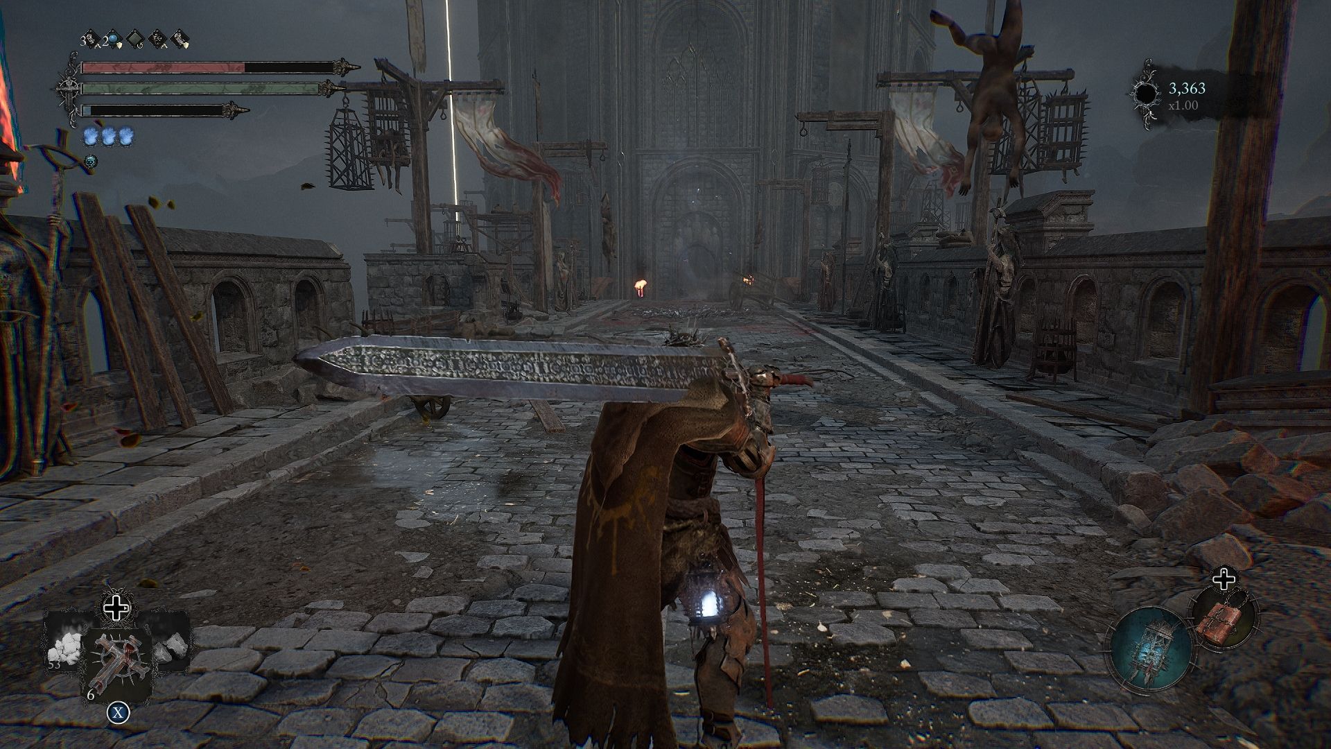 Player standing on the bridge that leads to the Tower of Penance, which is in front of him. Lords of the Fallen