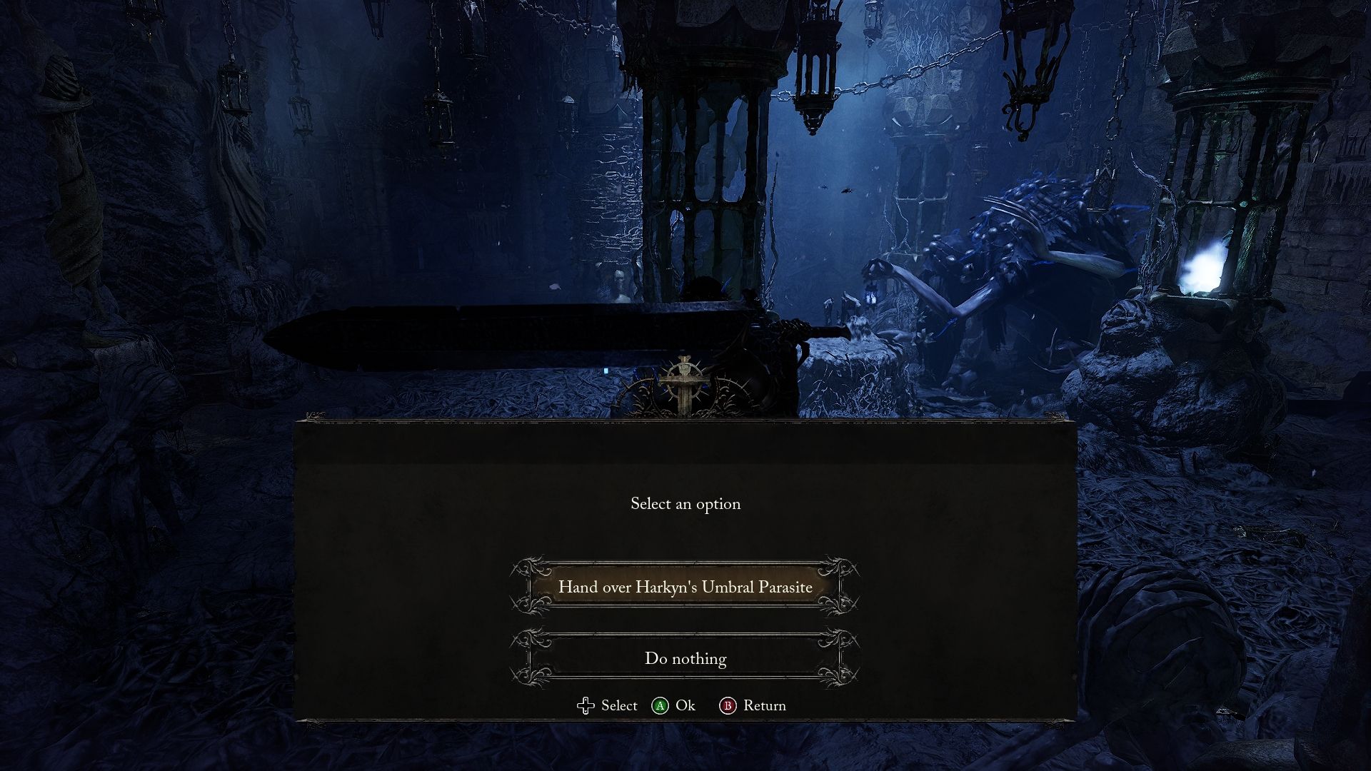 Player with the option to Hand over Harkyn's Umbral Parasite at the pillar next to Molhu Lords of the Fallen