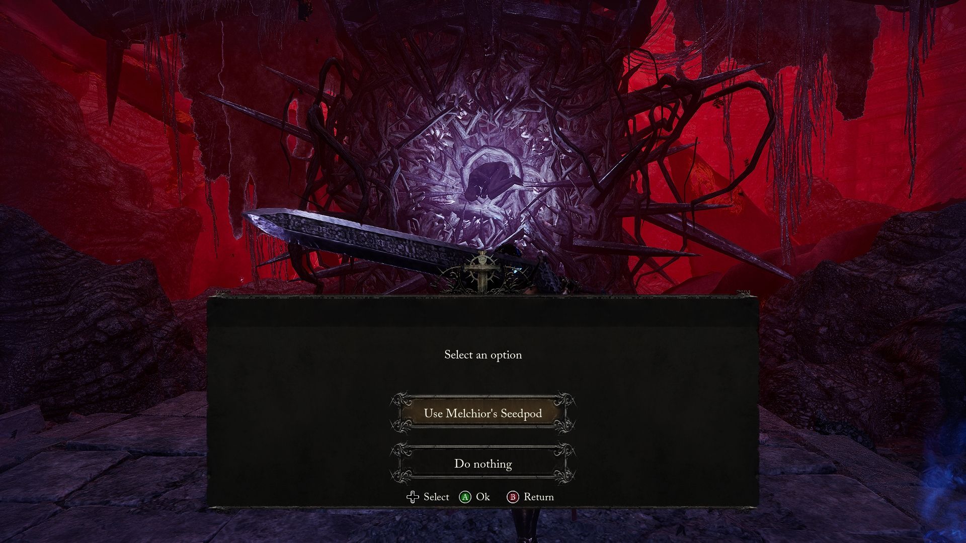 Player with the option to use Melchior's Seedpod at the effigy of Adyr Lords of the Fallen 