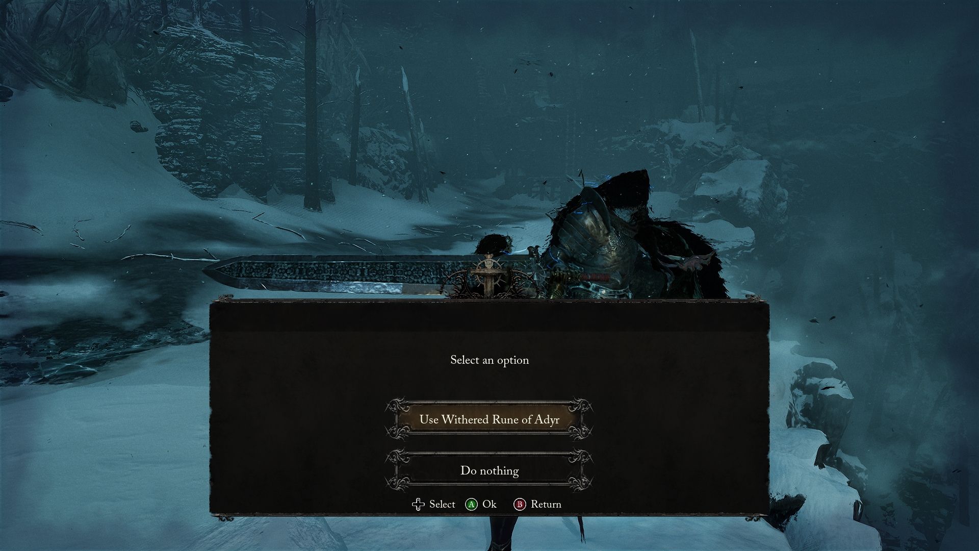 Player with the option to use the Withered Rune of Adyr on the Iron Wayfarer Lords of the Fallen