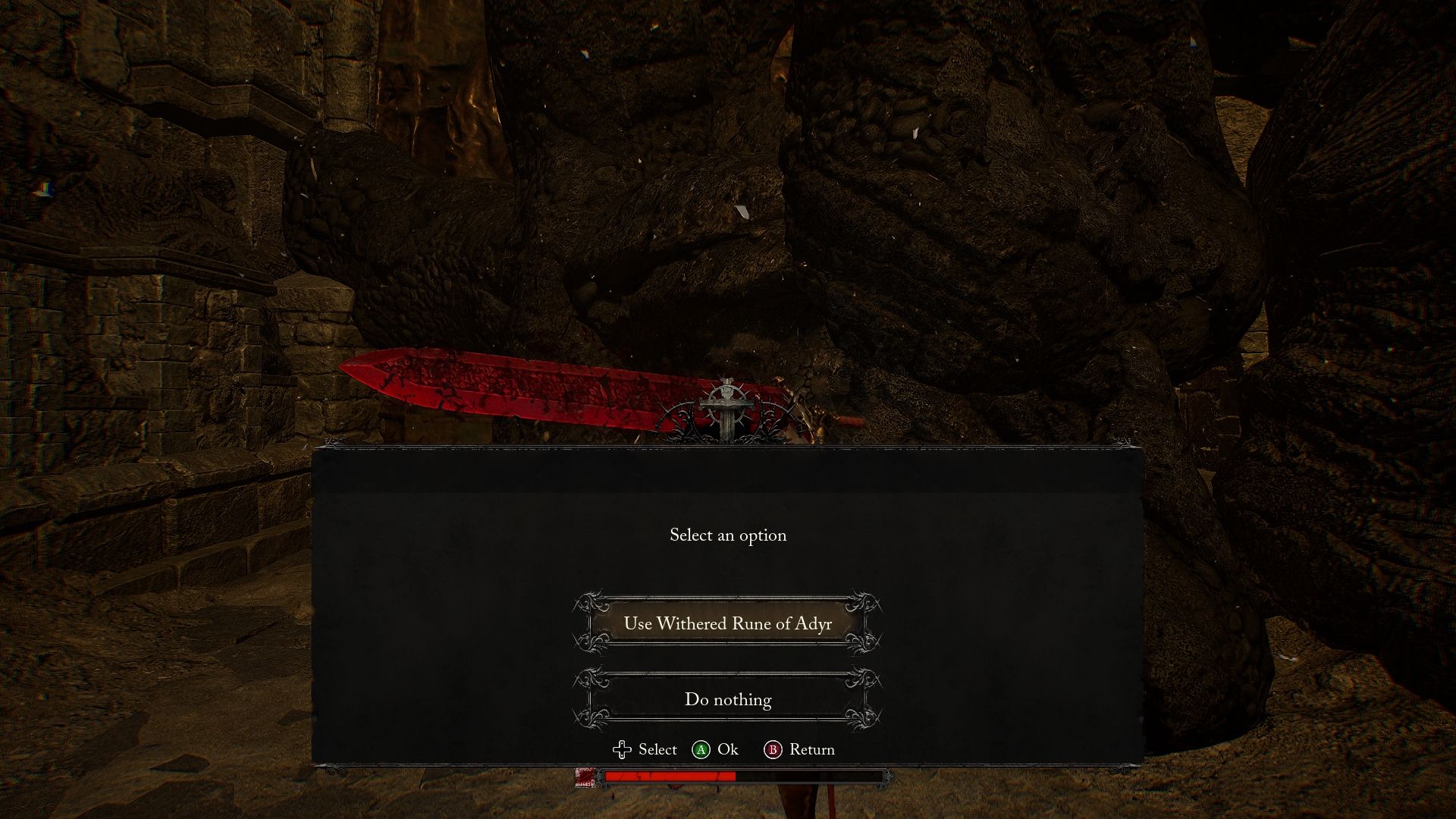Player with the option to use Withered Rune of Adyr at the locked gate of Bramis Castle Lords of the Fallen