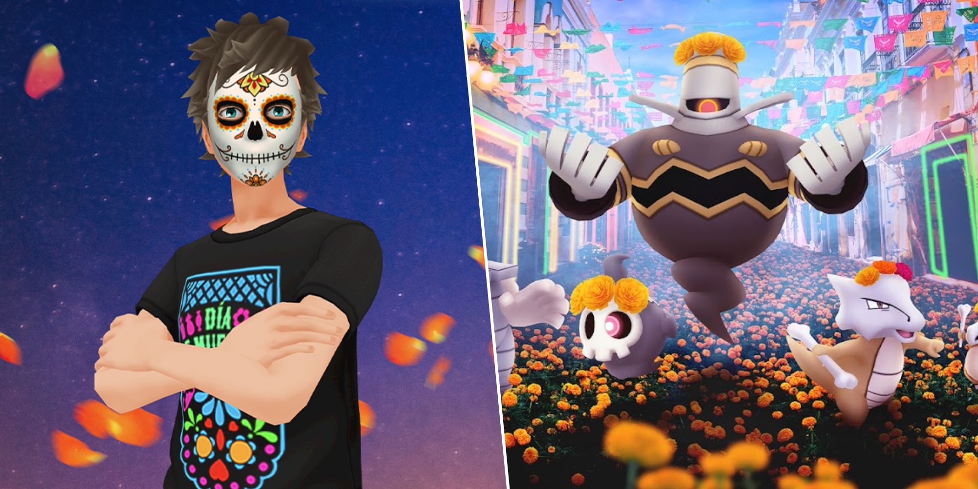 A Pokemon Go Avatar in Dia de Muertos attire split with an image of Pokemon with flower crowns