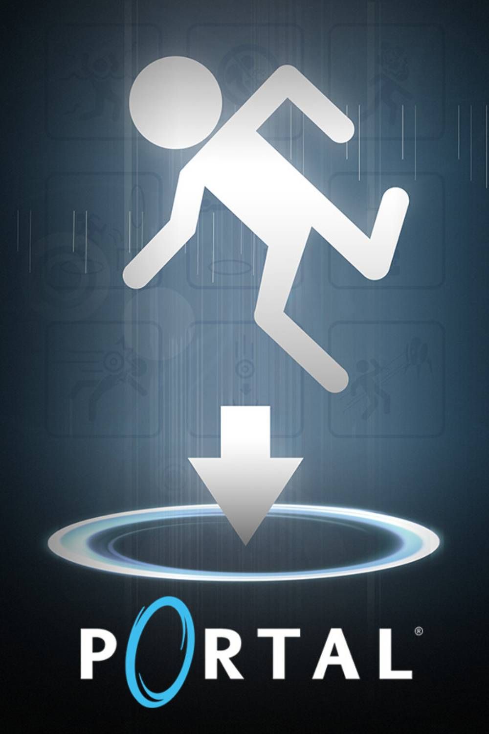 Portal Cover Art, featuring logo, and player descending into a portal