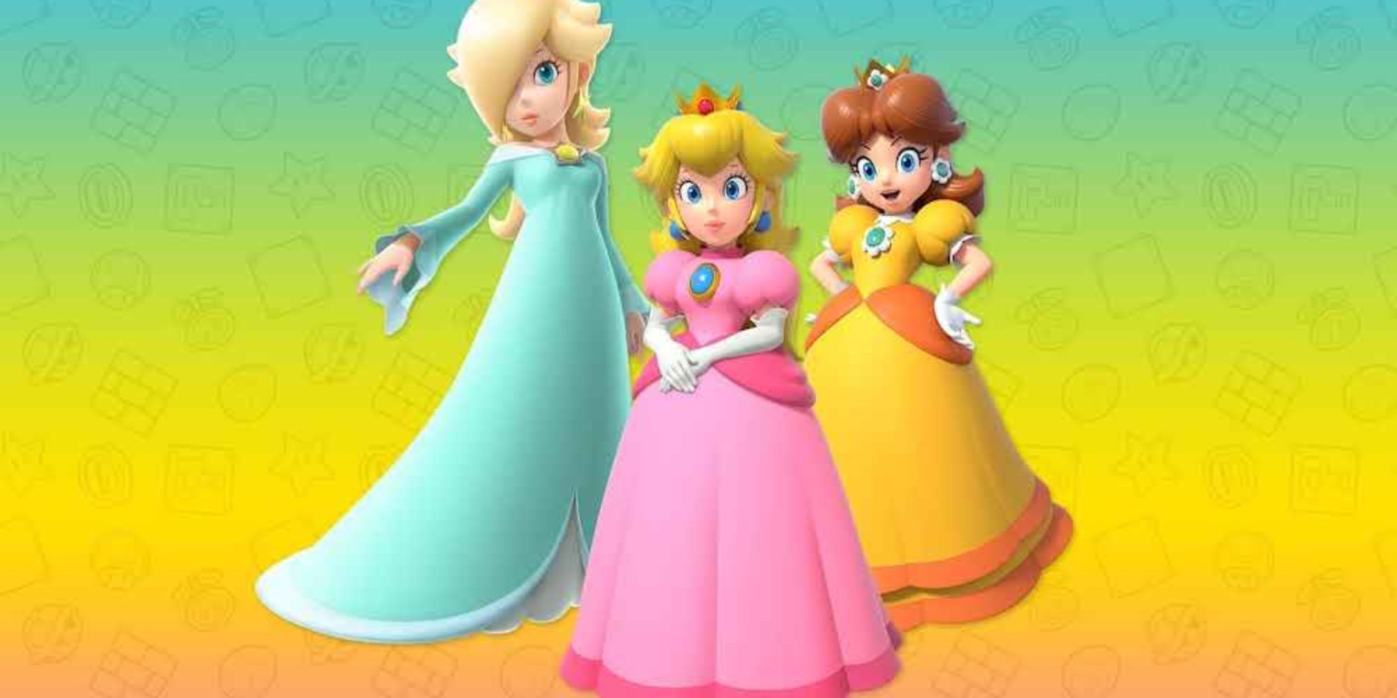 mario peach daisy and rosalina all psoing on a colorful background
