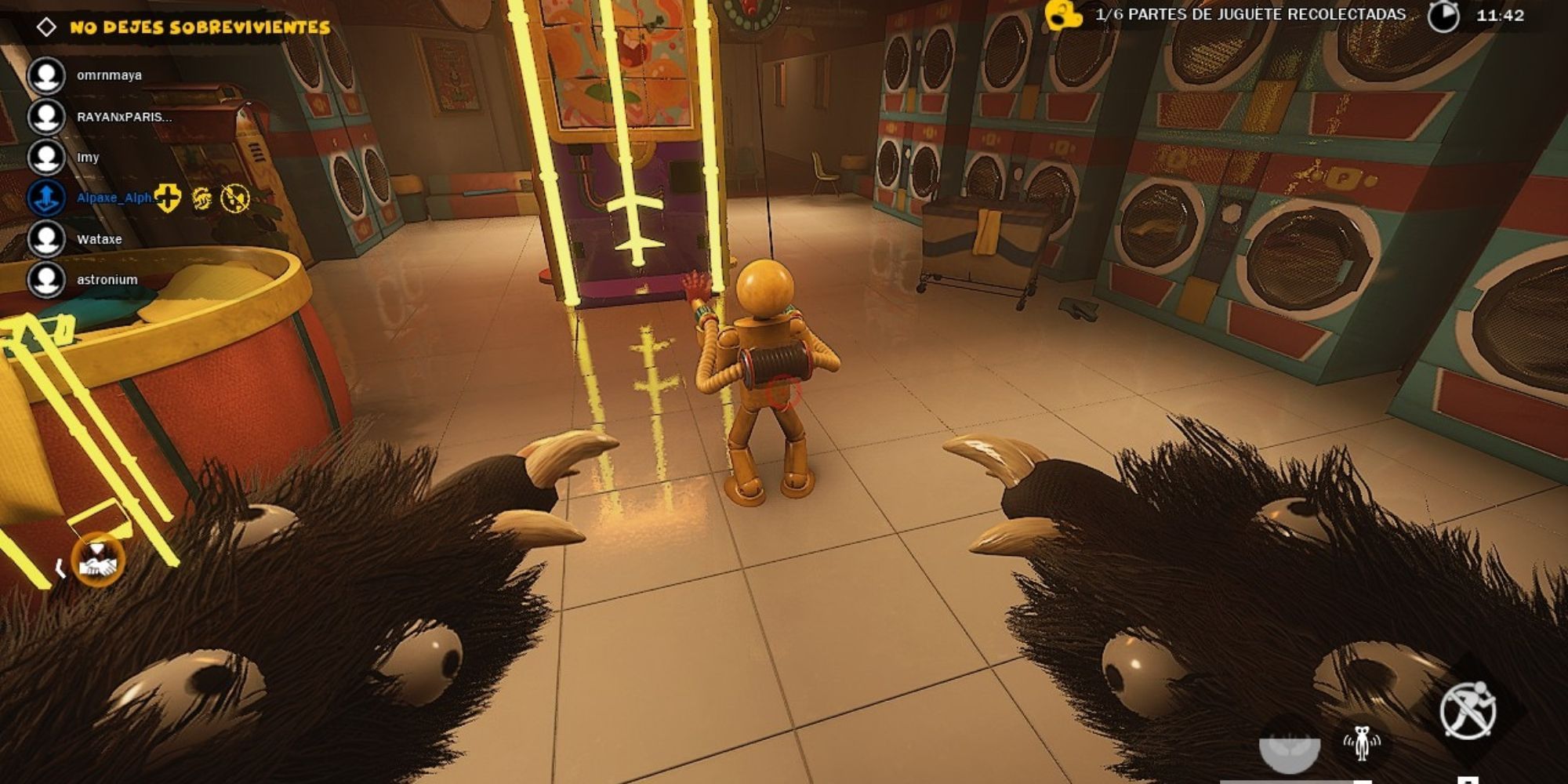 A hairy monster with eyeballs across its arms about to attack a survivor in Project: Playtime.