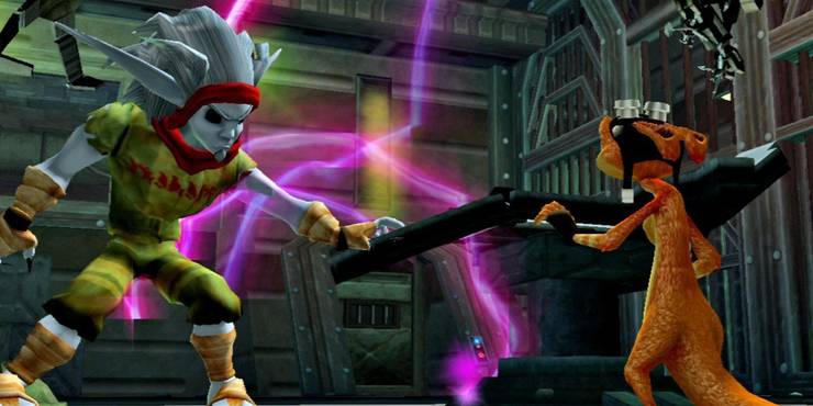 Dark Jak surrounded by purple lightning in front of Daxter.