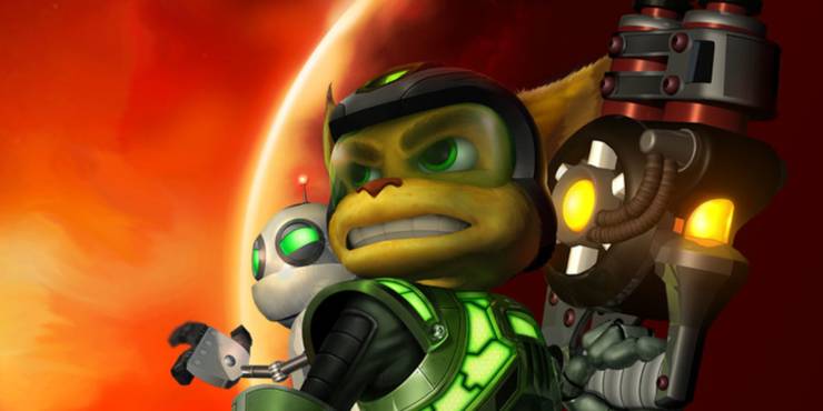 Ratchet and Clank in front of a red planet.