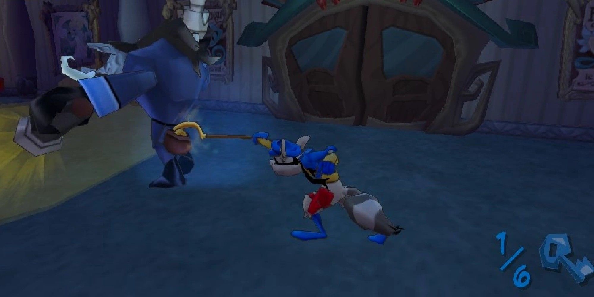 Sly pickpocketing a guard.