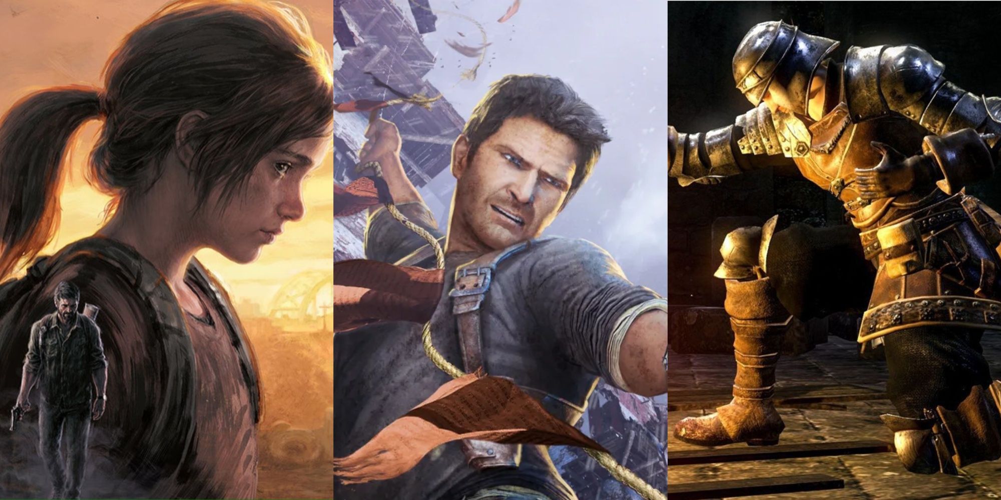 Ellie and Joel The Last Of Us, Nathan Drake hanging, and a knight from Dark Souls