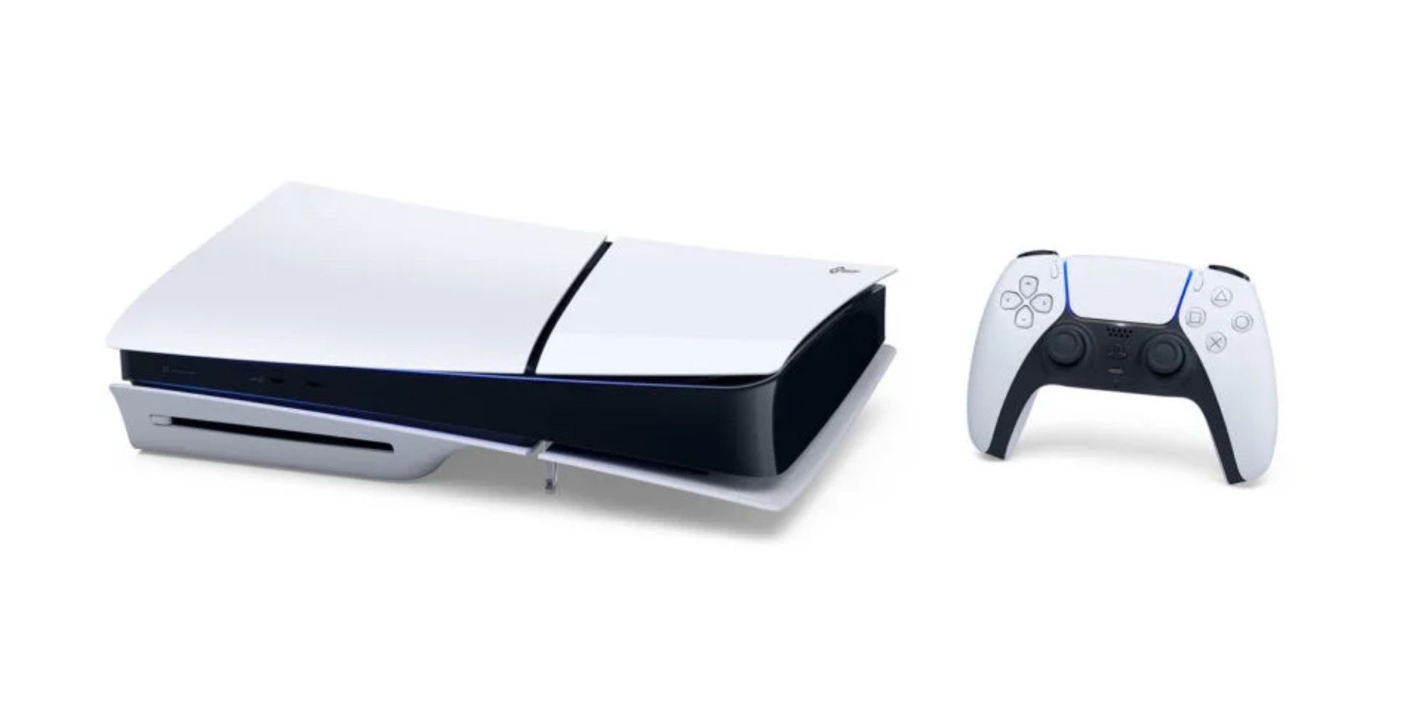 PS5 Slim witha controller on a white background