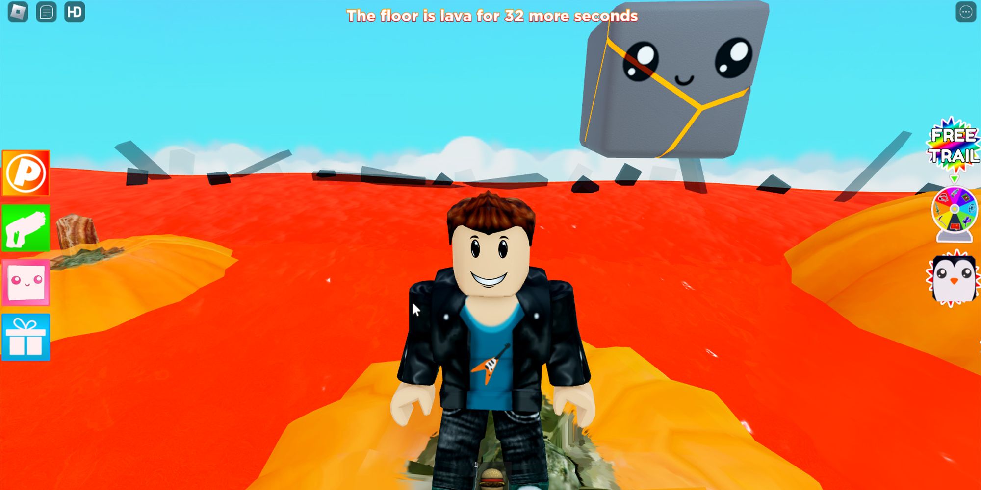 In „The Floor Is Lava“ steht ein Roblox-Charakter auf einem riesigen Kürbis, um in einem Pool aus geschmolzener Lava zu überleben.