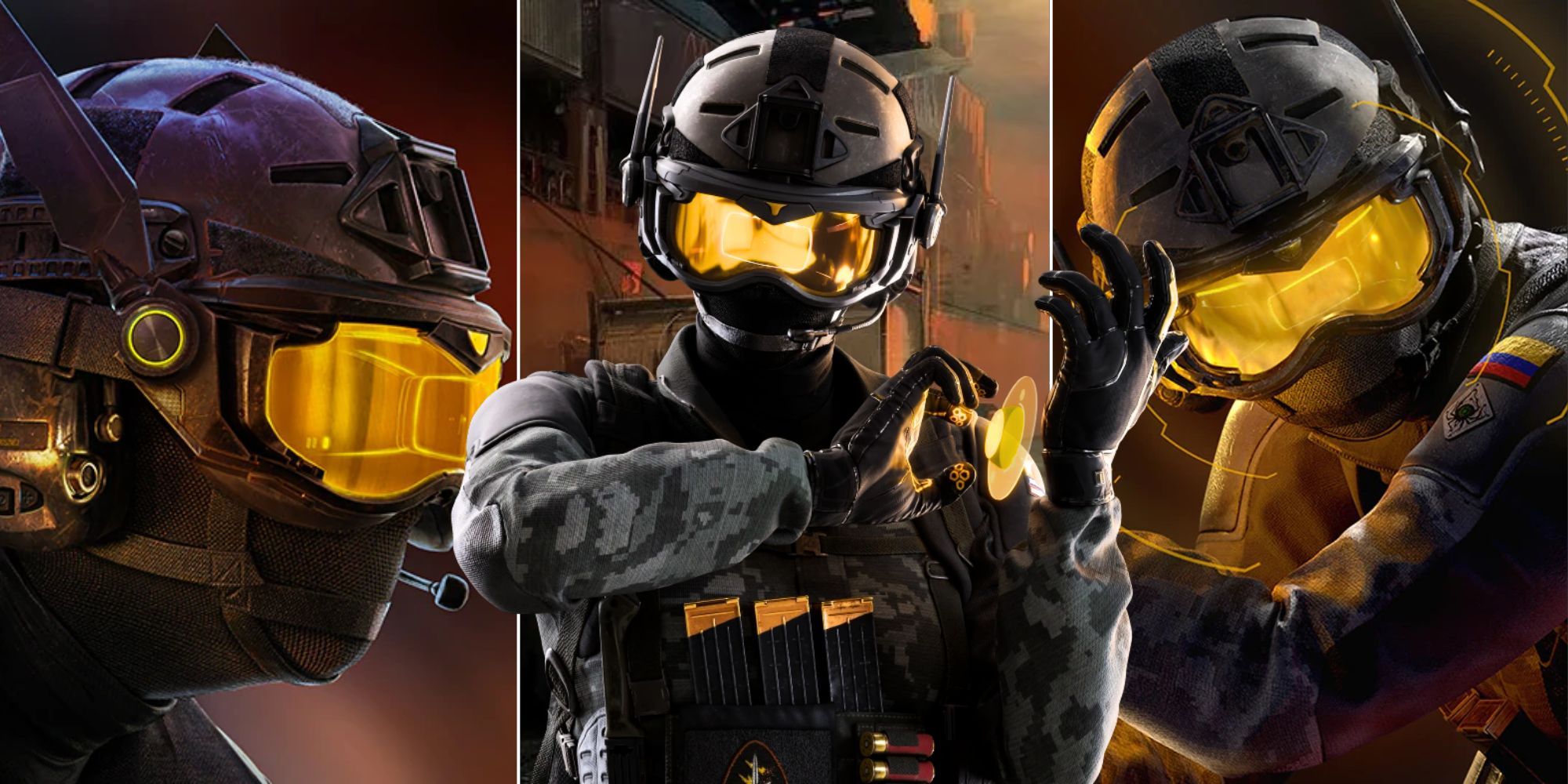 Split image of Solis from Rainbow Six Siege in 3 different poses