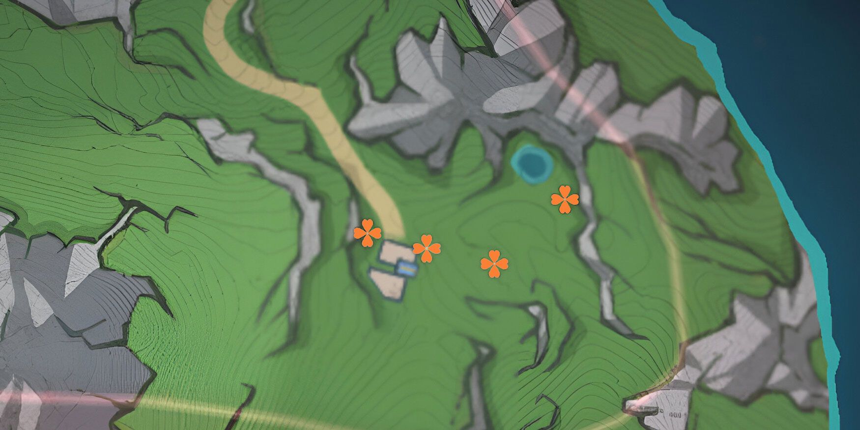 A map of the location of some Rainbow Roses found in Dyas Wood, an area of the Fontaine map in Genshin Impact.