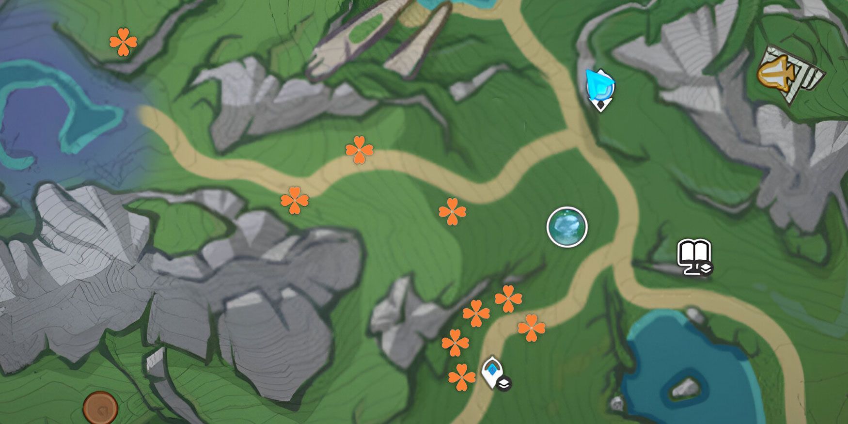 A map of the location of some Rainbow Roses found in Elynas in the Beryl Region, an area of the Fontaine map in Genshin Impact.